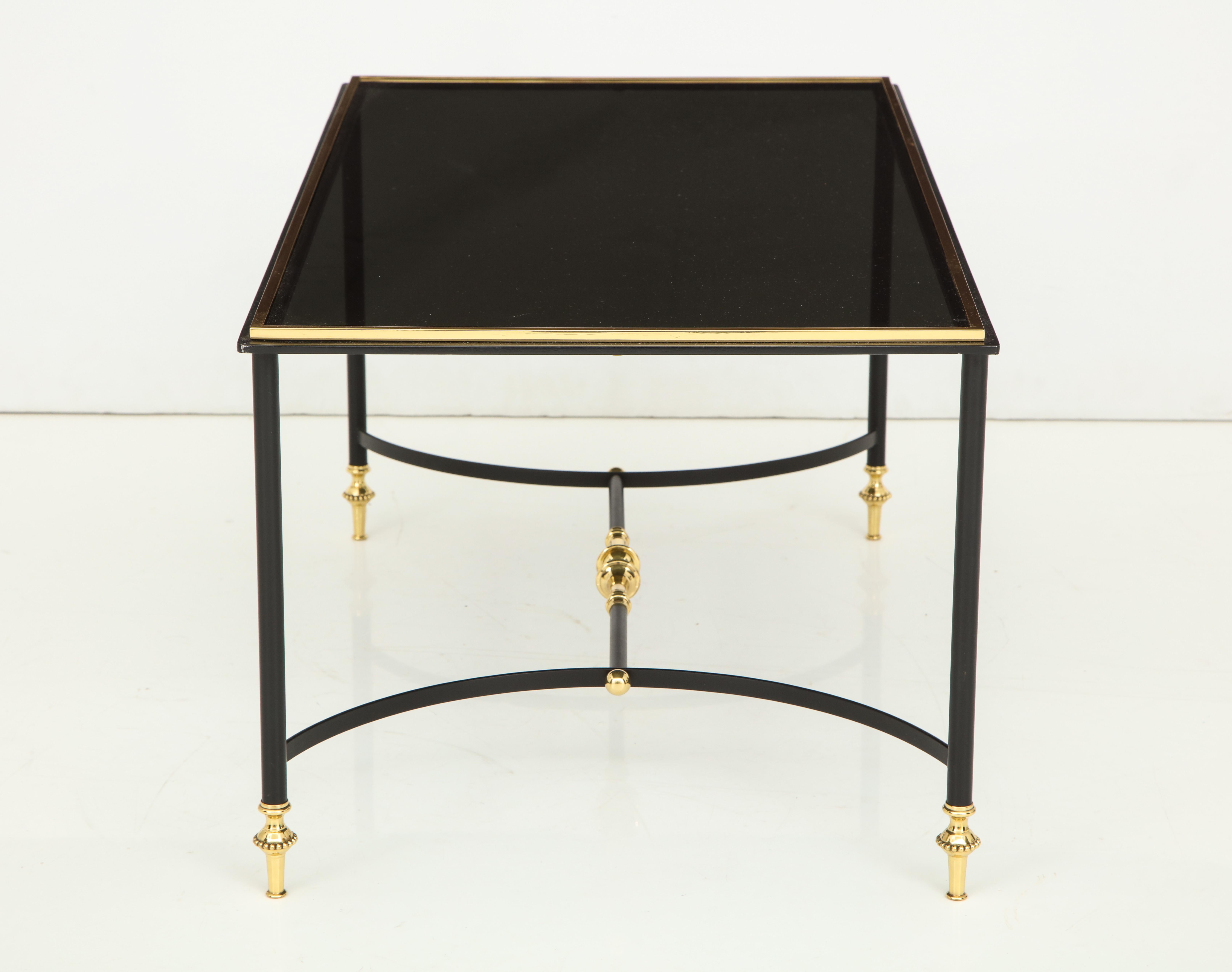 Mid-20th Century Bronze and Iron Coffee Table with Black Glass Top For Sale