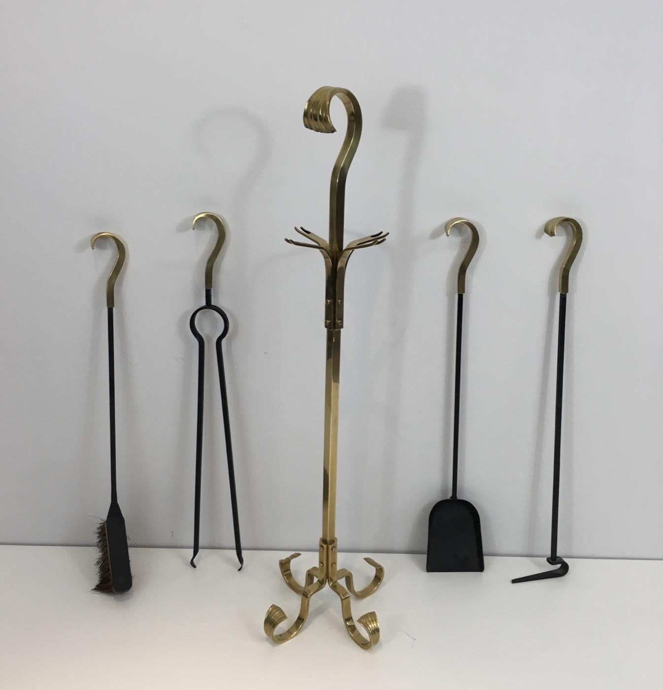 Bronze and iron fire place tools, French, circa 1970.