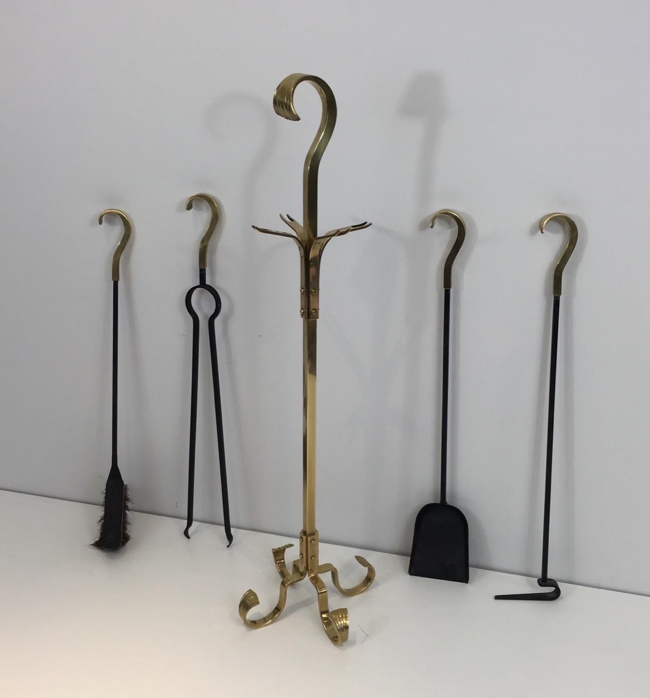 Mid-Century Modern Bronze and Iron Fire Place Tools, French, circa 1970