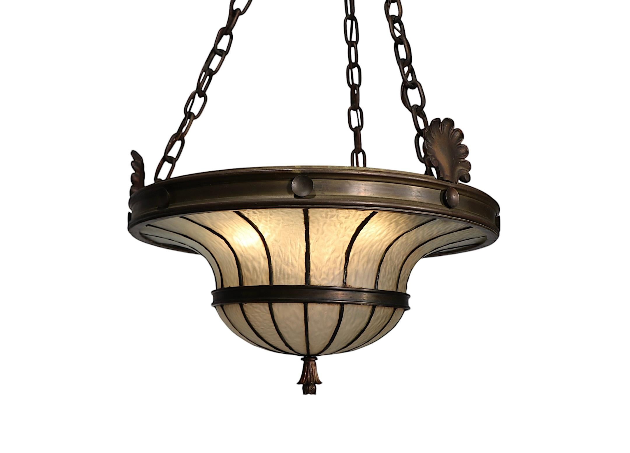 Bronze and Leaded Glass Inverted Dome Chandelier Hanging Fixture c 1900/1920's 3