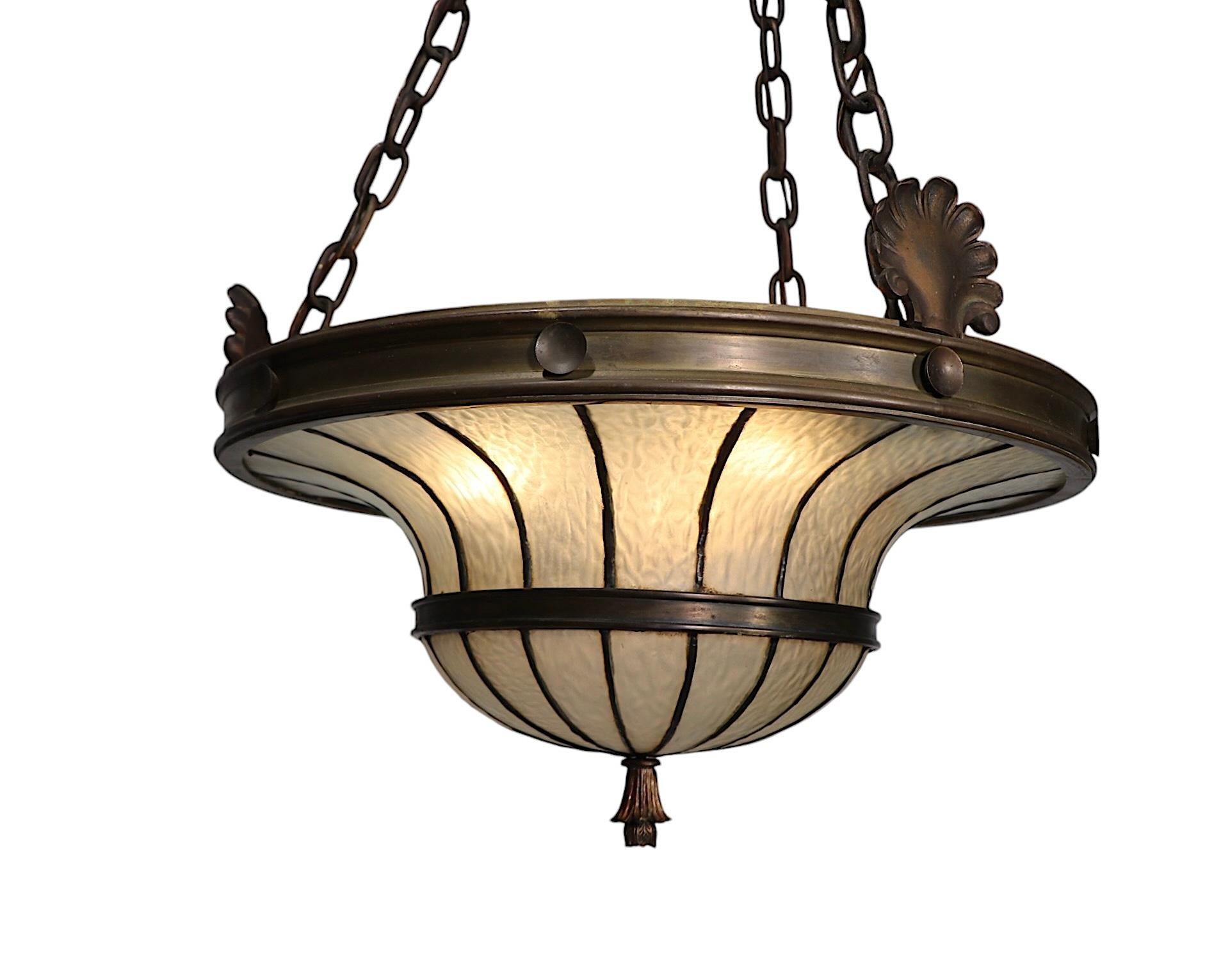 Bronze and Leaded Glass Inverted Dome Chandelier Hanging Fixture c 1900/1920's 4