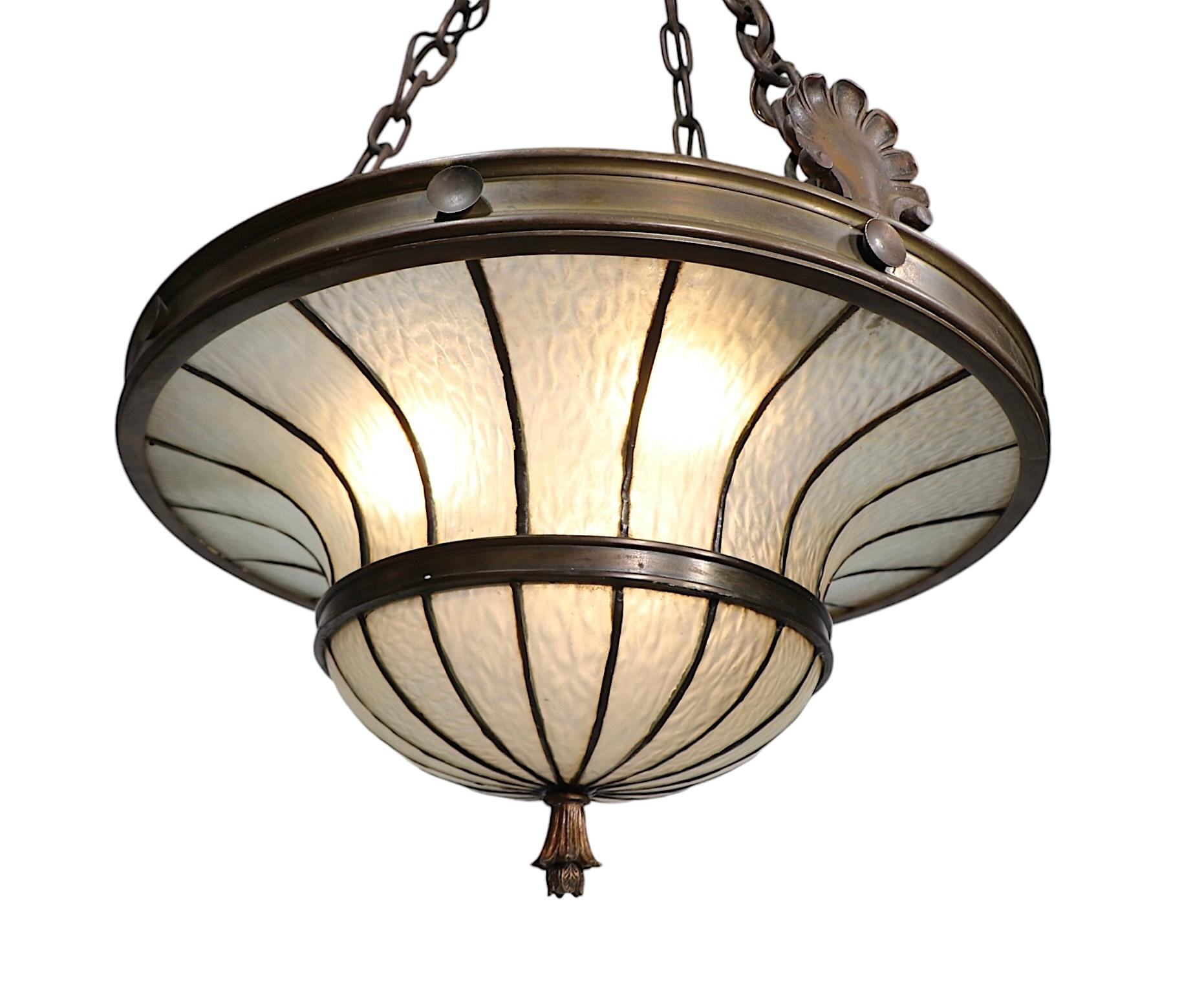 Bronze and Leaded Glass Inverted Dome Chandelier Hanging Fixture c 1900/1920's 5