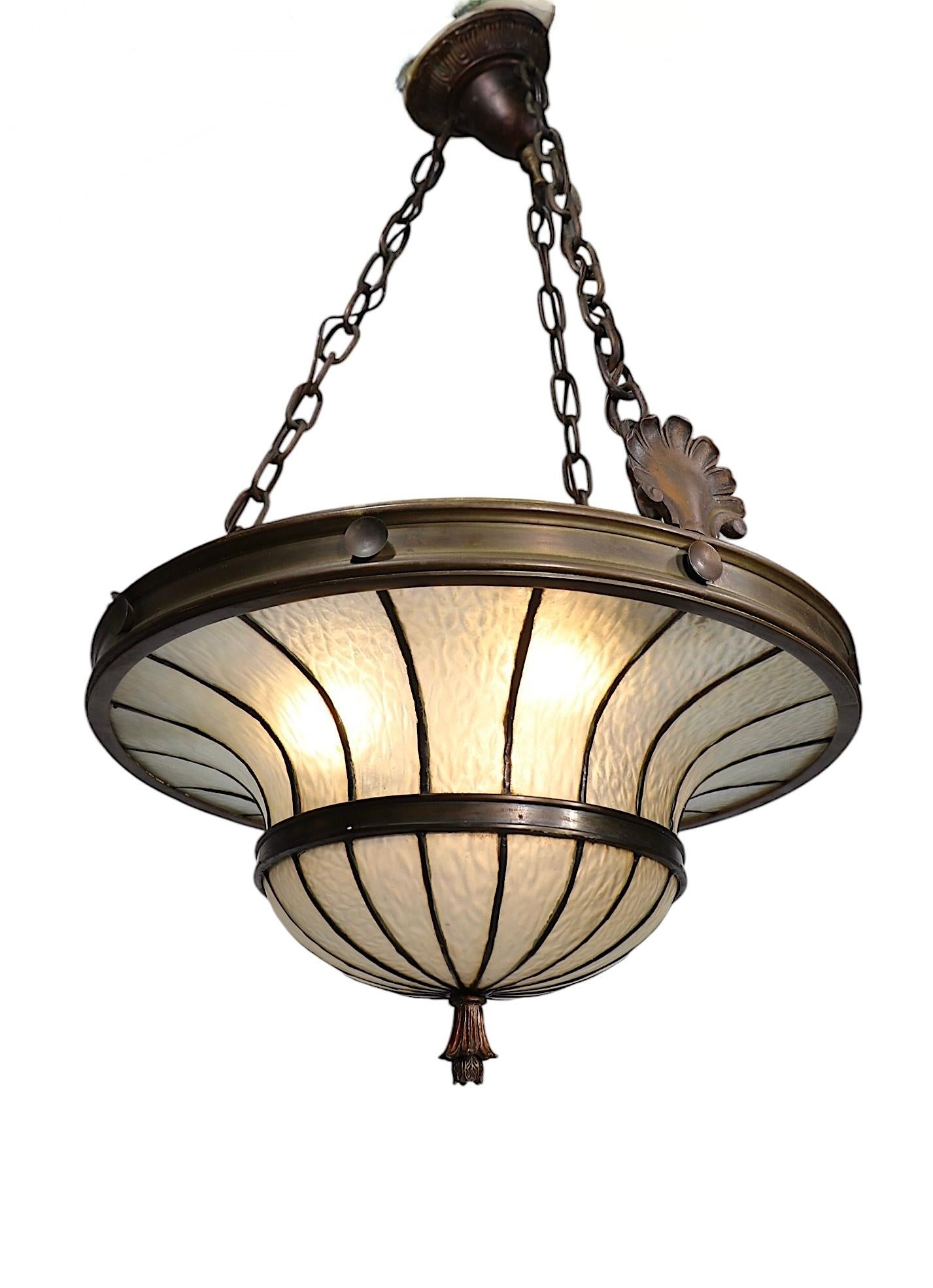 Bronze and Leaded Glass Inverted Dome Chandelier Hanging Fixture c 1900/1920's 6