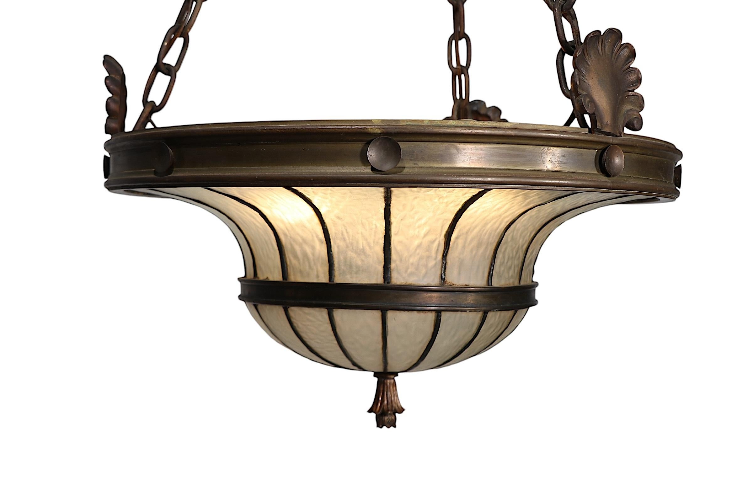 Bronze and Leaded Glass Inverted Dome Chandelier Hanging Fixture c 1900/1920's 7