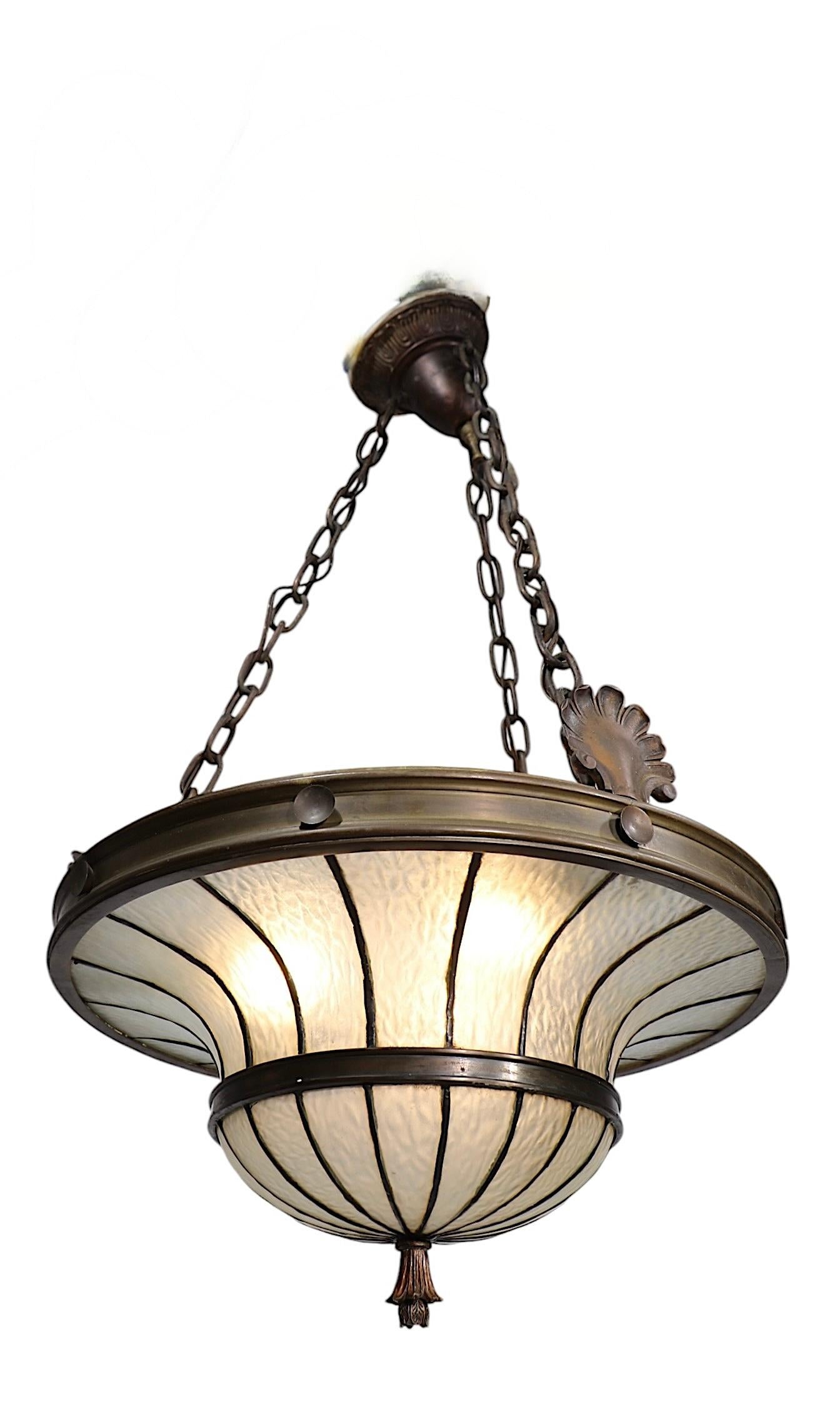 Bronze and Leaded Glass Inverted Dome Chandelier Hanging Fixture c 1900/1920's 8