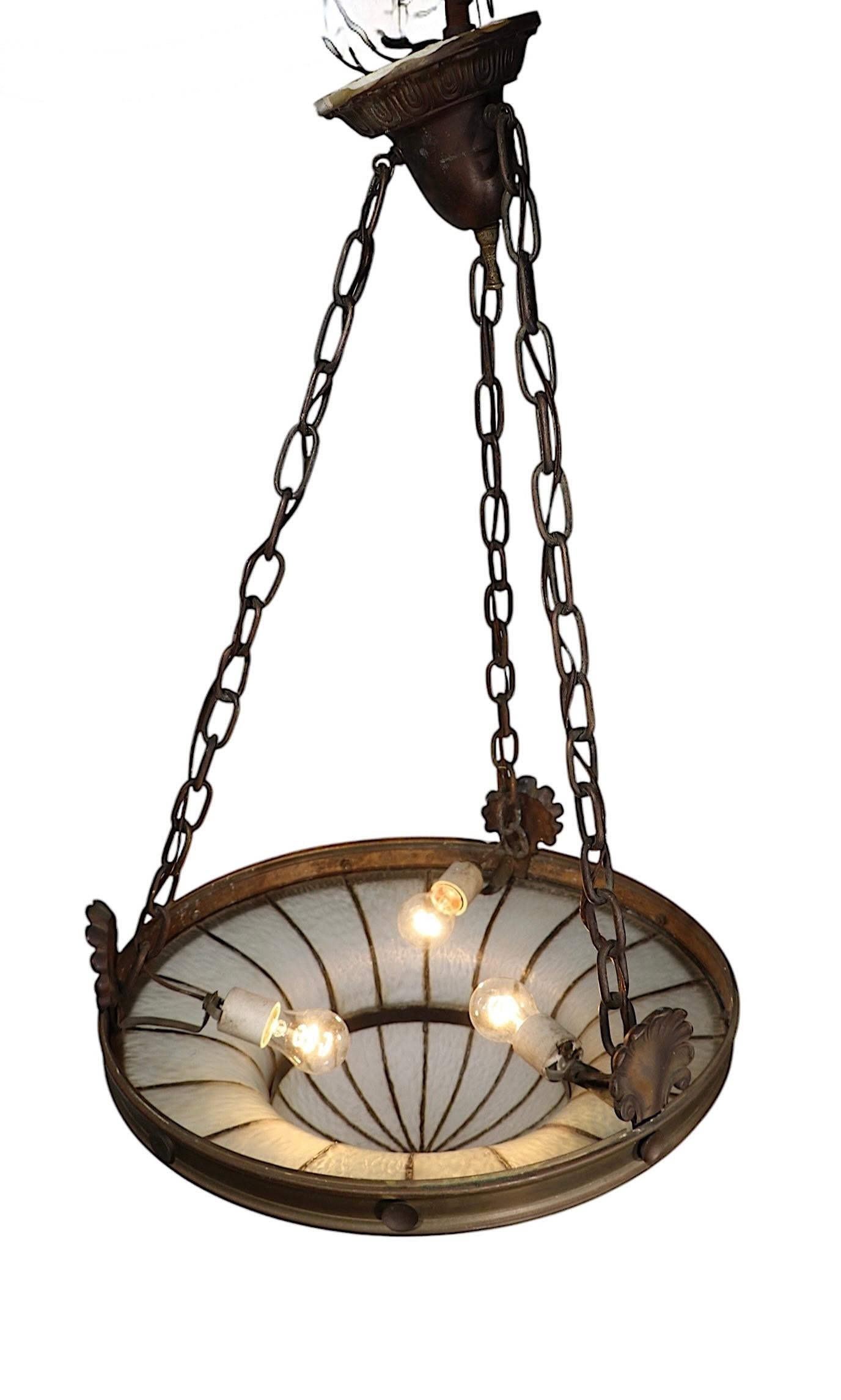 Bronze and Leaded Glass Inverted Dome Chandelier Hanging Fixture c 1900/1920's 9