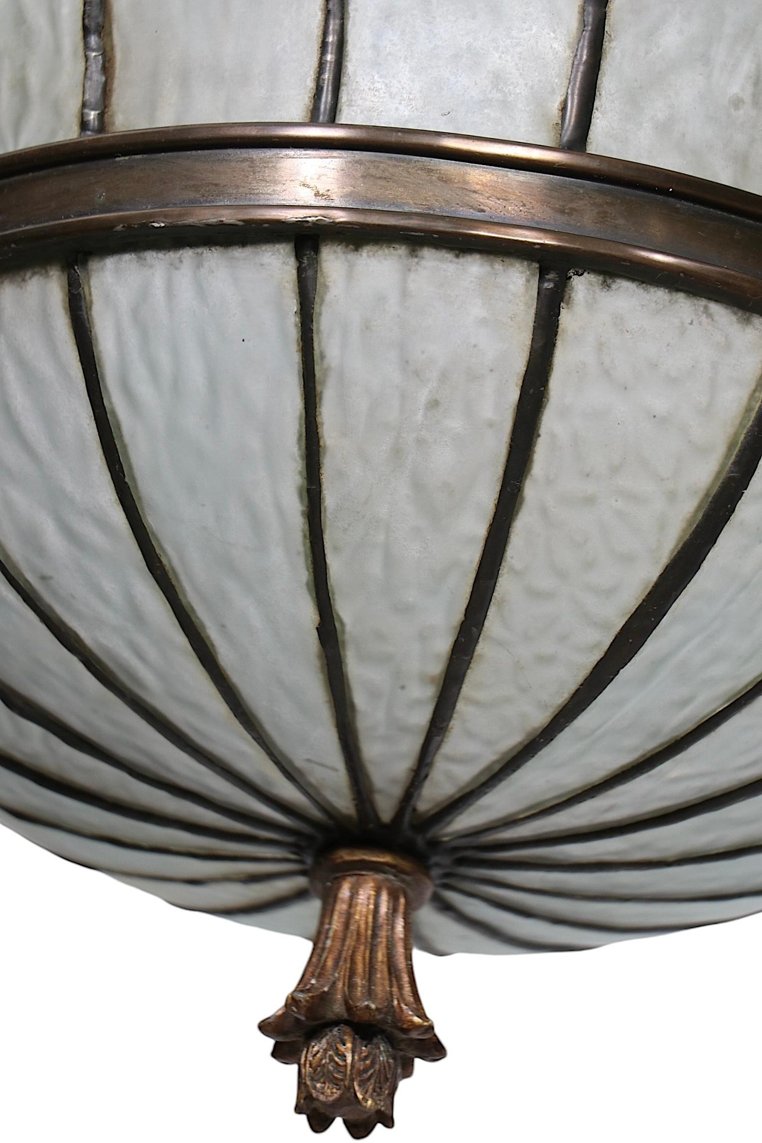 Bronze and Leaded Glass Inverted Dome Chandelier Hanging Fixture c 1900/1920's 10