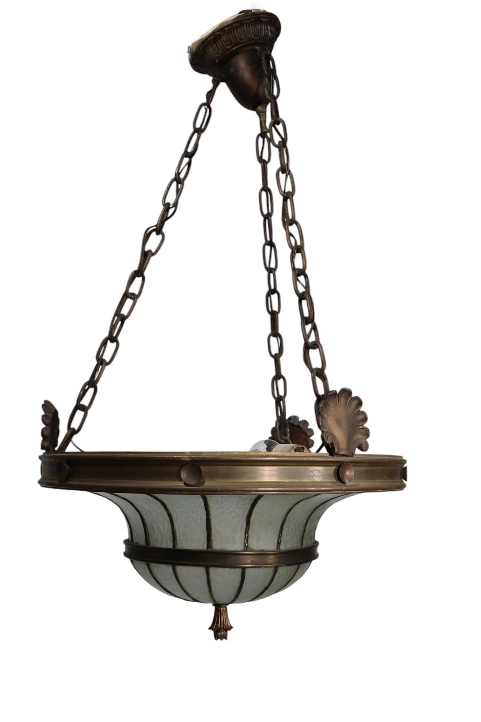 Bronze and Leaded Glass Inverted Dome Chandelier Hanging Fixture c 1900/1920's 11