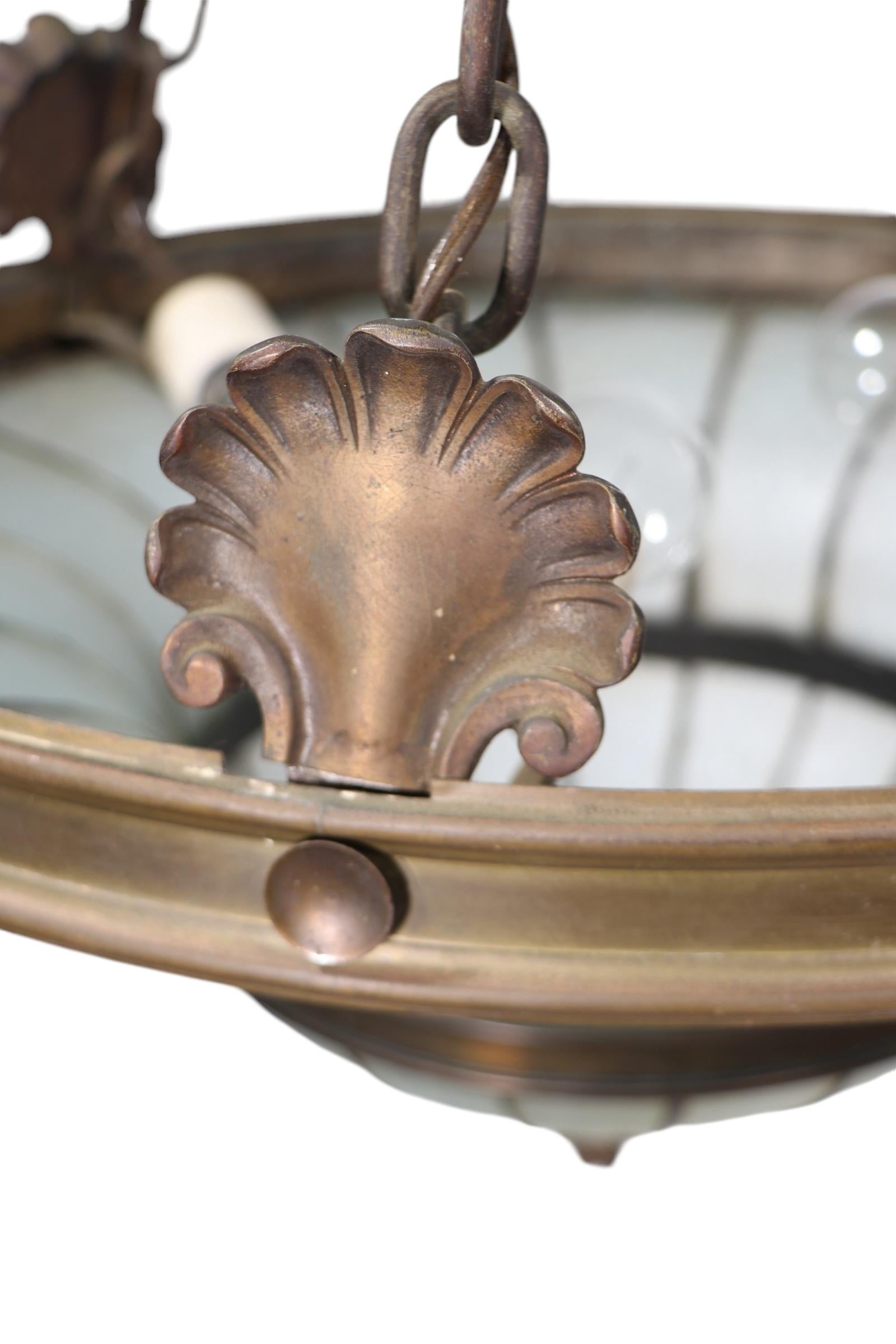 Bronze and Leaded Glass Inverted Dome Chandelier Hanging Fixture c 1900/1920's 12