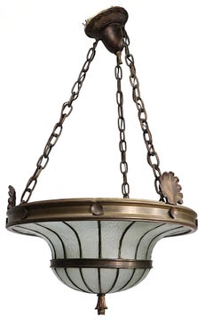 Bronze and Leaded Glass Inverted Dome Chandelier Hanging Fixture c 1900/1920's