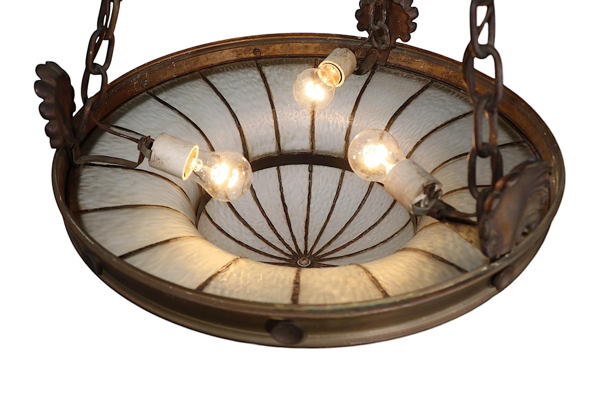 Victorian Bronze and Leaded Glass Inverted Dome Chandelier Hanging Fixture c 1900/1920's