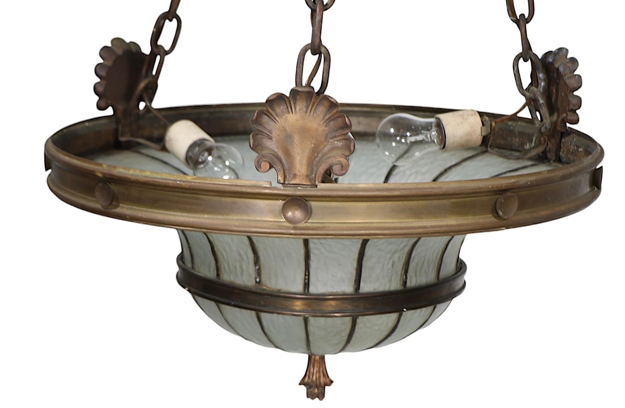 American Bronze and Leaded Glass Inverted Dome Chandelier Hanging Fixture c 1900/1920's