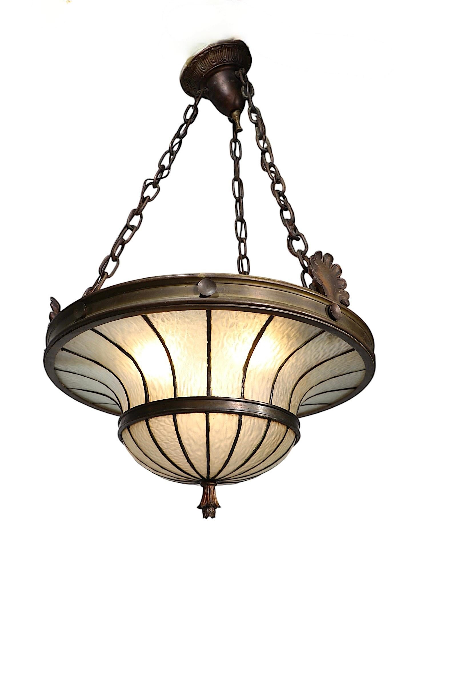 Bronze and Leaded Glass Inverted Dome Chandelier Hanging Fixture c 1900/1920's In Good Condition In New York, NY