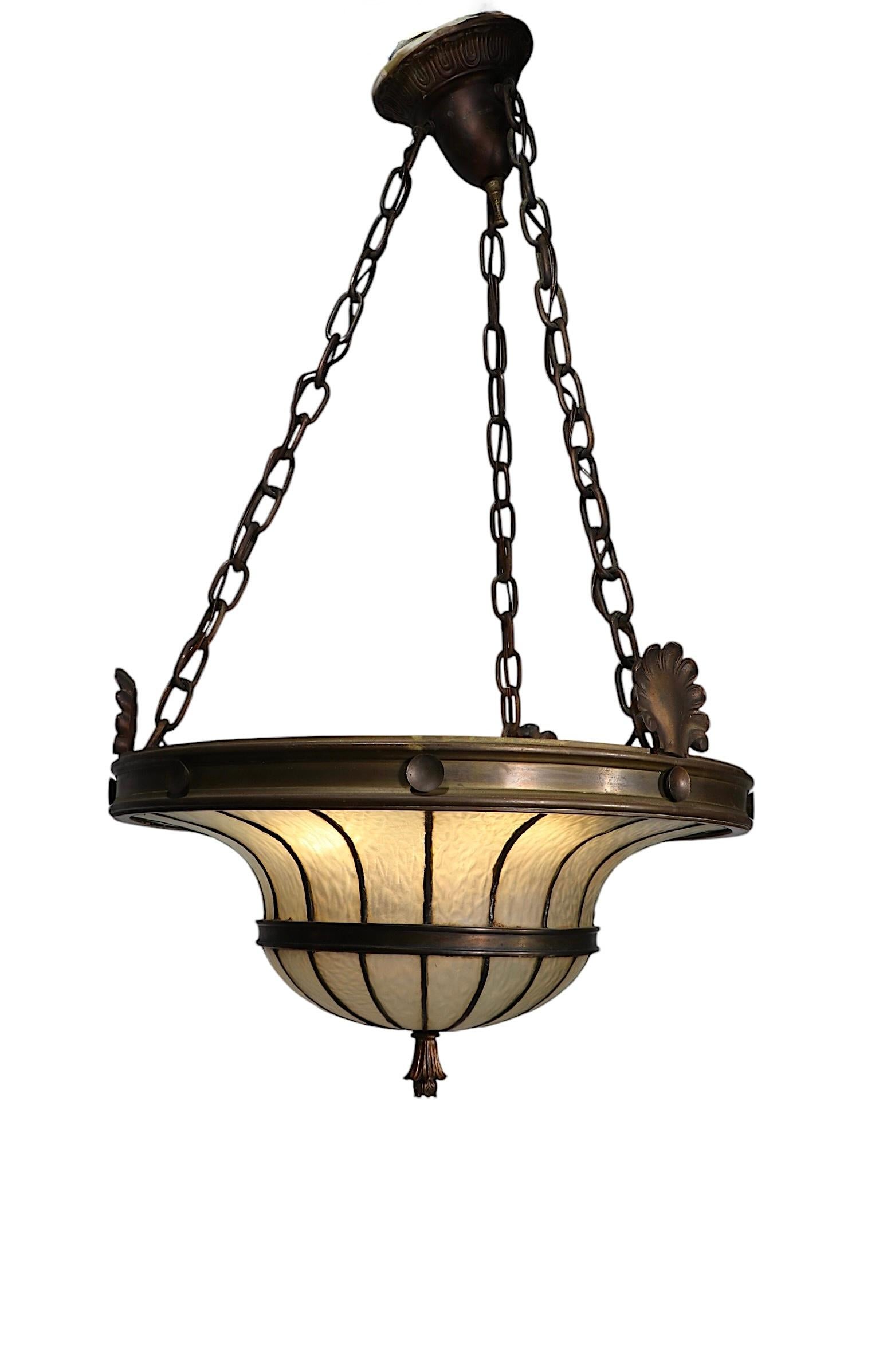 20th Century Bronze and Leaded Glass Inverted Dome Chandelier Hanging Fixture c 1900/1920's