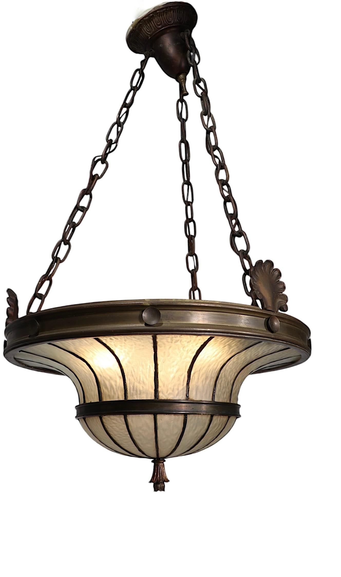 Brass Bronze and Leaded Glass Inverted Dome Chandelier Hanging Fixture c 1900/1920's