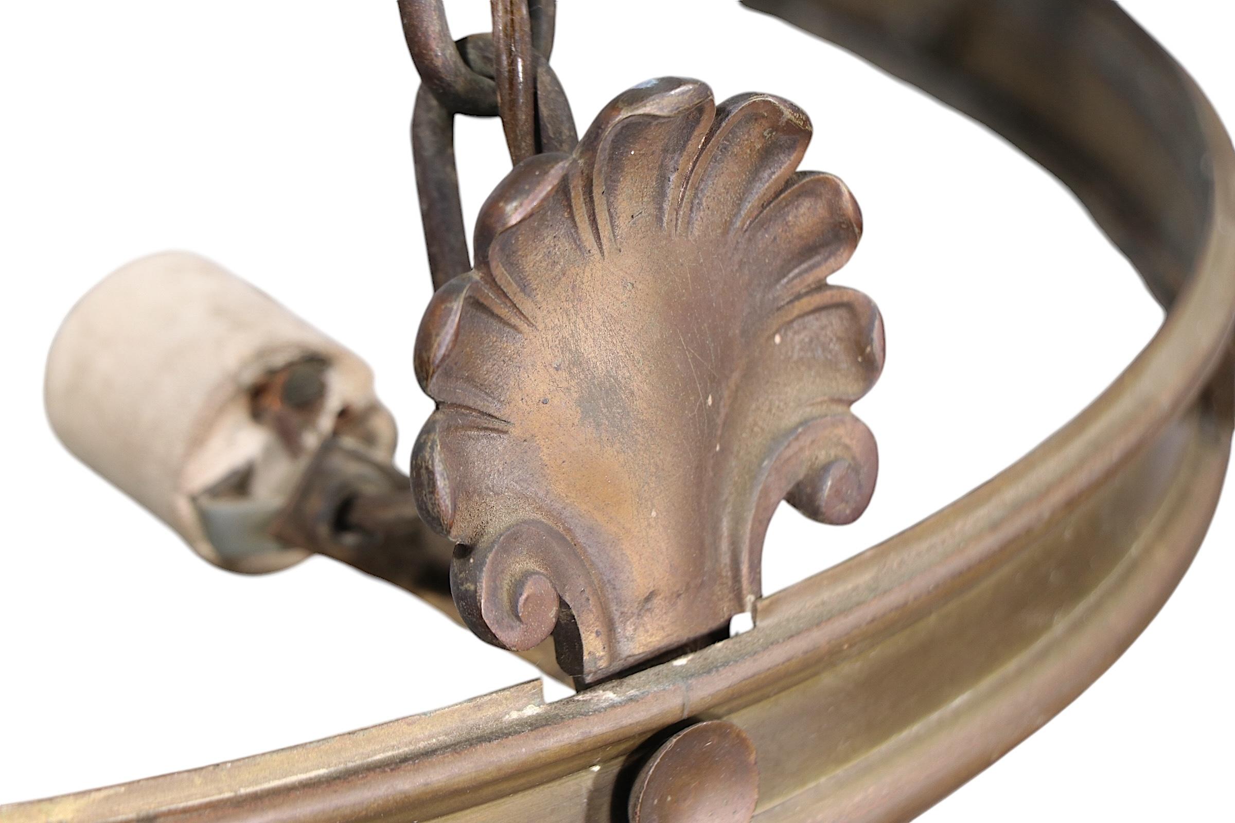 Bronze and Leaded Glass Inverted Dome Chandelier Hanging Fixture c 1900/1920's 1