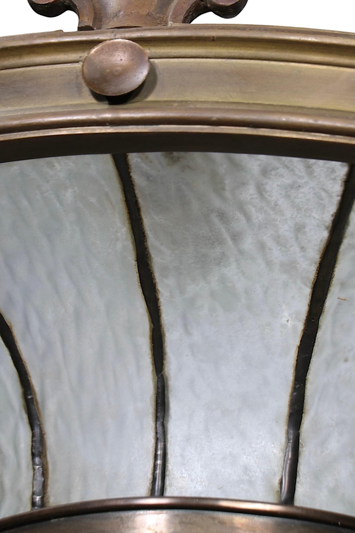Bronze and Leaded Glass Inverted Dome Chandelier Hanging Fixture c 1900/1920's 2