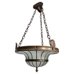 Antique Bronze and Leaded Glass Inverted Dome Chandelier Hanging Fixture c 1900/1920's