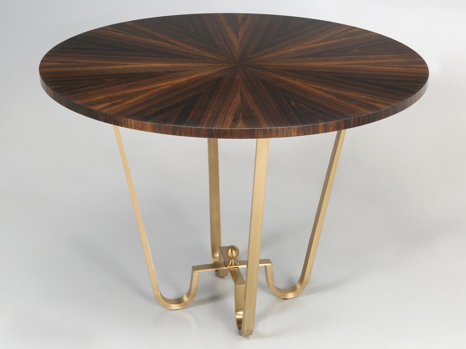 Solid Bronze Mid-Century Modern Center Hall Table, Game Table or Side Table, Handmade in our Old Plank Chicago Work Shop to your exact specifications. The example shown here has a solid bronze base and a Macassar Ebony sunburst pattern top in a