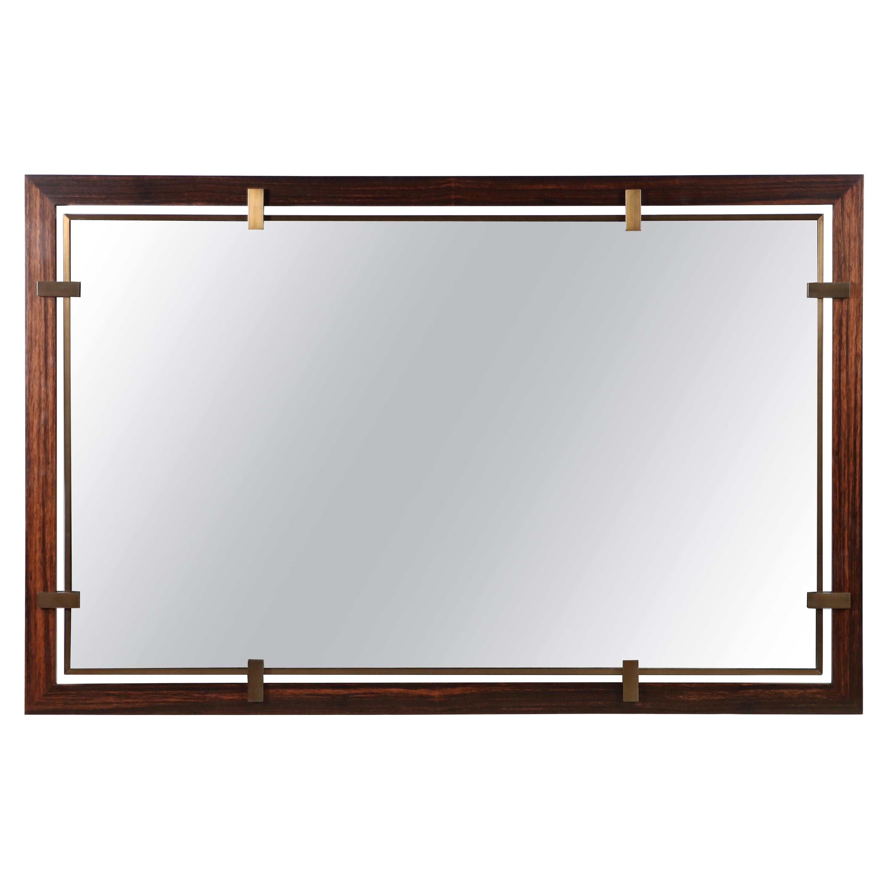 Miroir mural moderne à cadre flottant en bronze et ébène de Macassar de Costantini, Marco