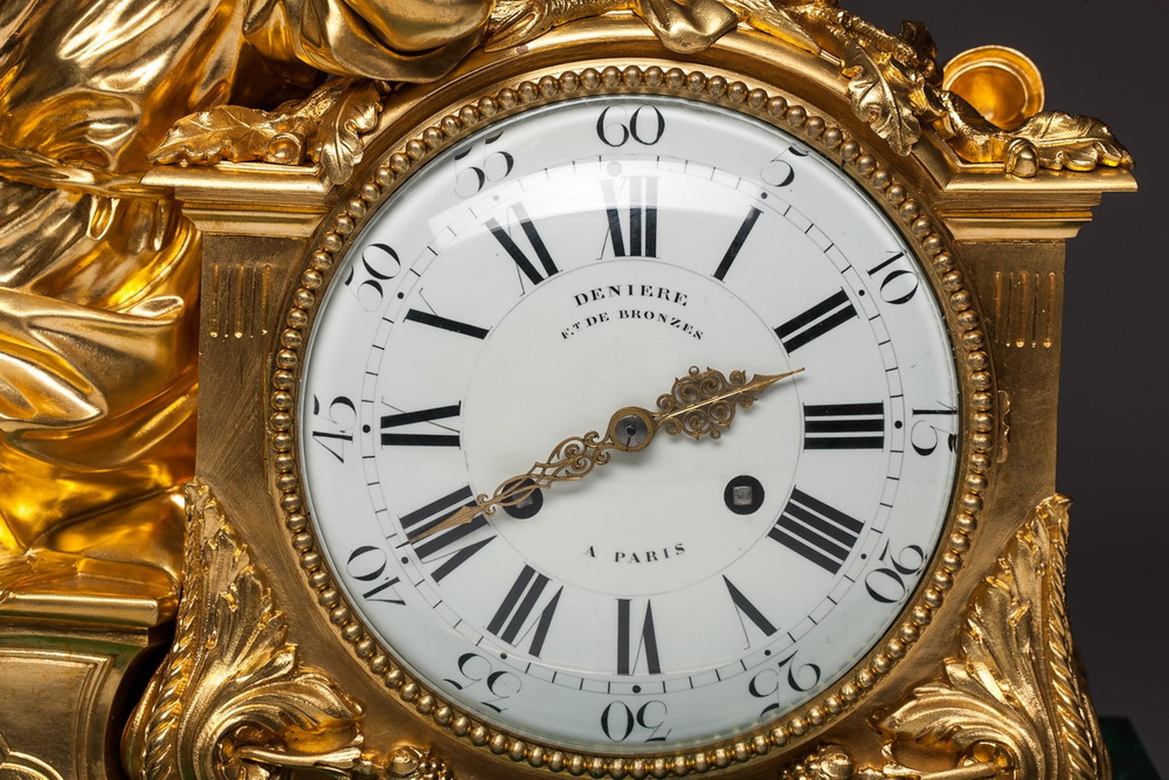 Napoleon III Bronze and Malachite Figural Large Clock by Jean François Denière, 1774-1866 For Sale