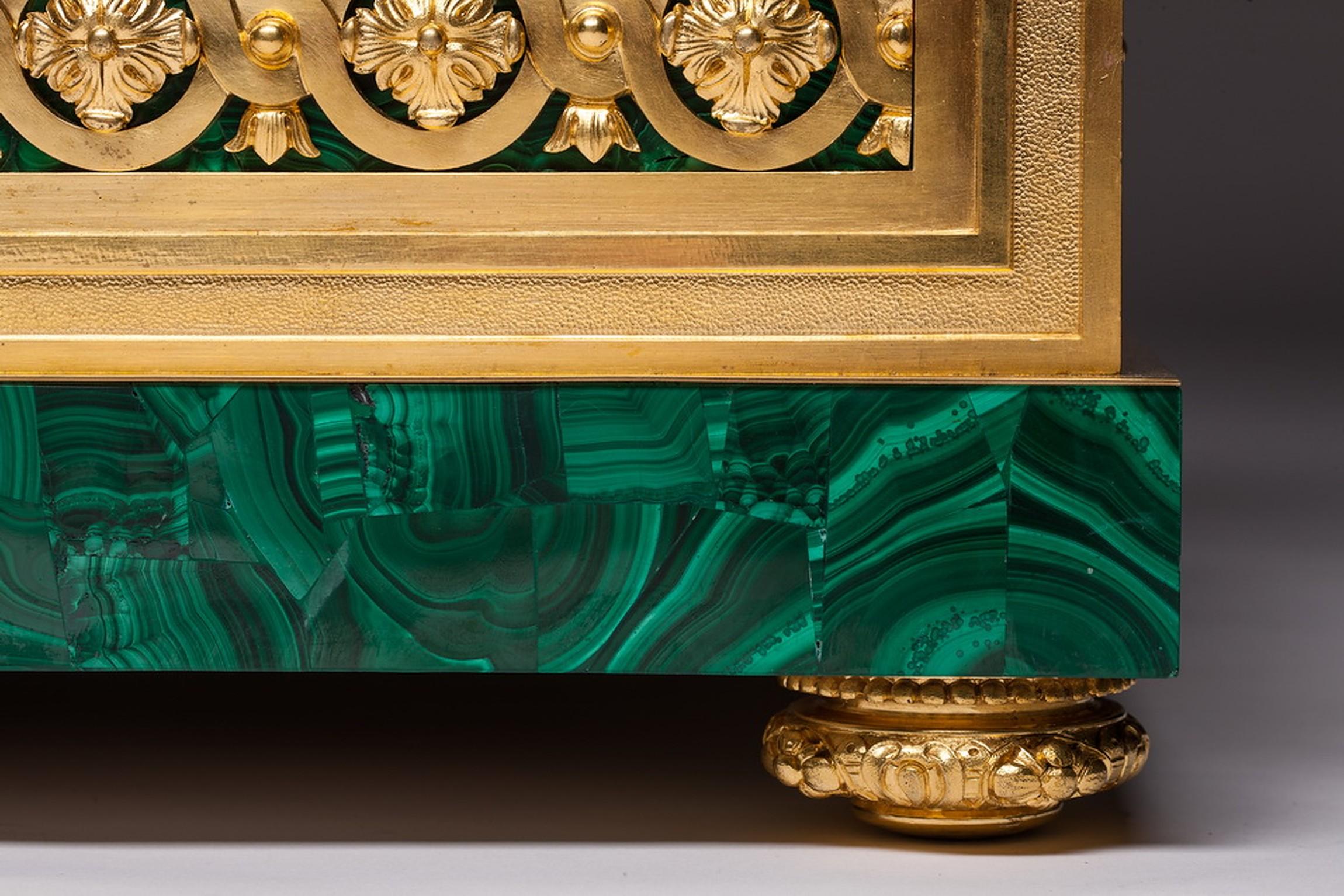 French Bronze and Malachite Figural Large Clock by Jean François Denière, 1774-1866 For Sale