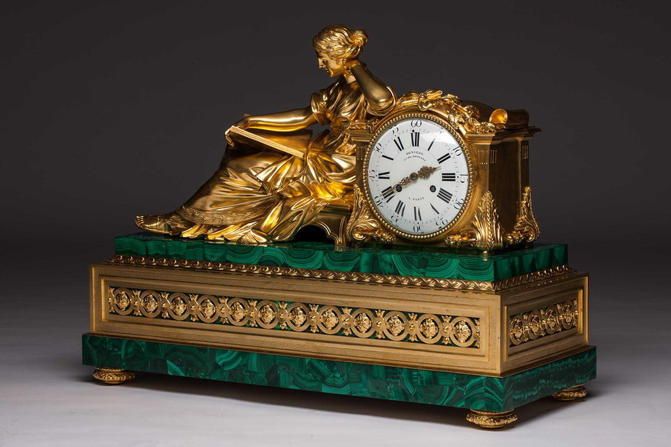 Gilt Bronze and Malachite Figural Large Clock by Jean François Denière, 1774-1866 For Sale