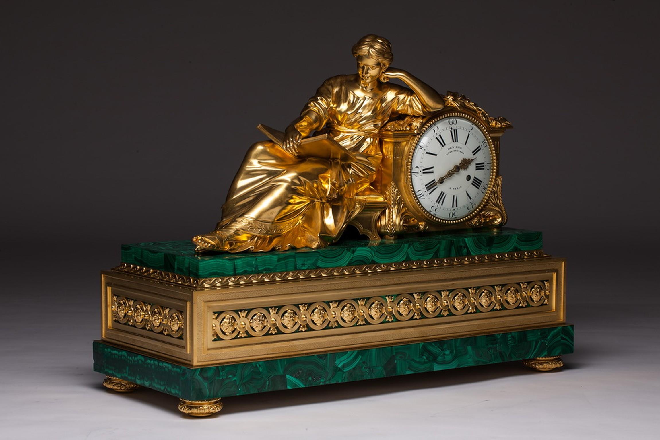 Bronze and Malachite Figural Large Clock by Jean François Denière, 1774-1866 In Good Condition For Sale In Vilnius, LT