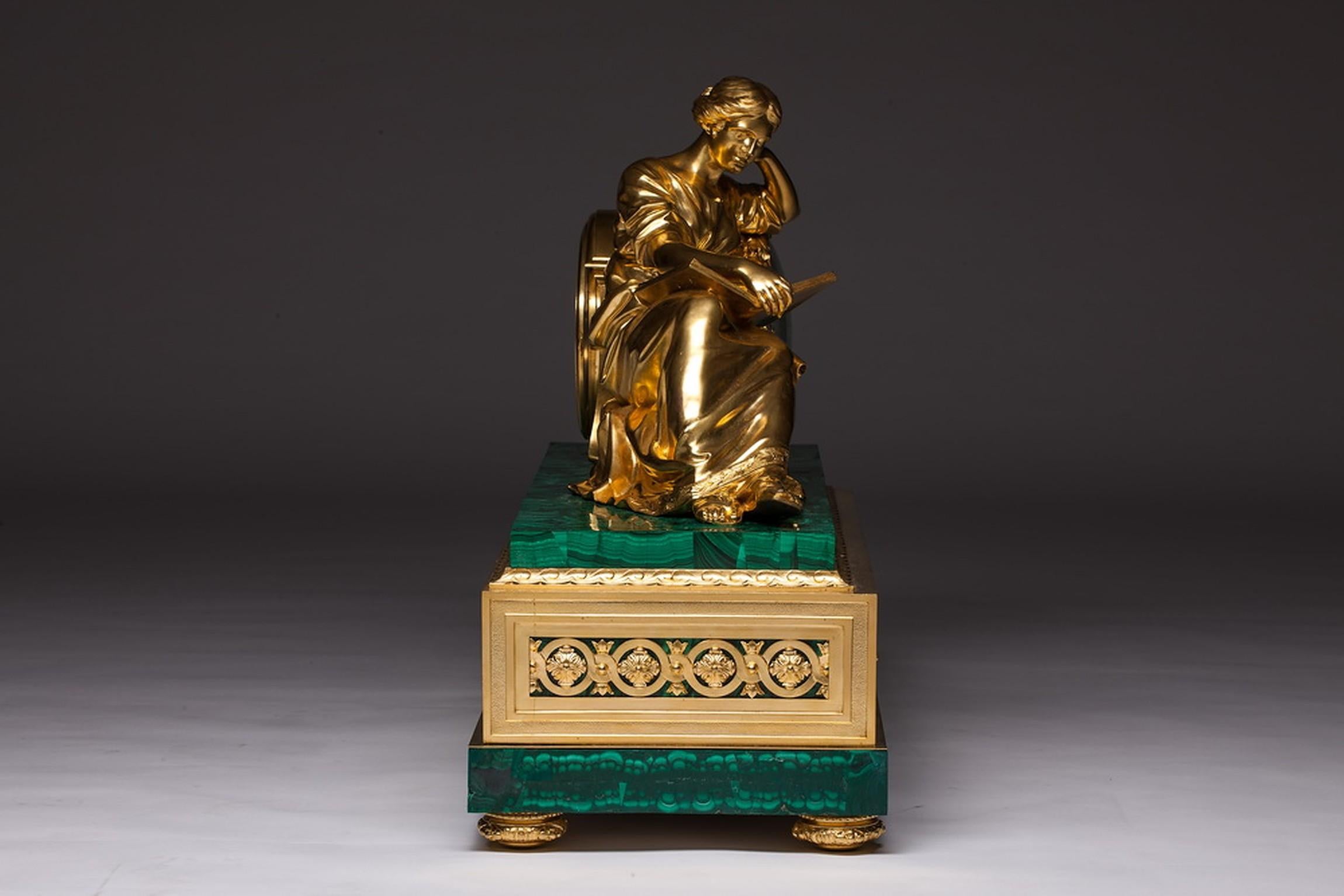 19th Century Bronze and Malachite Figural Large Clock by Jean François Denière, 1774-1866 For Sale