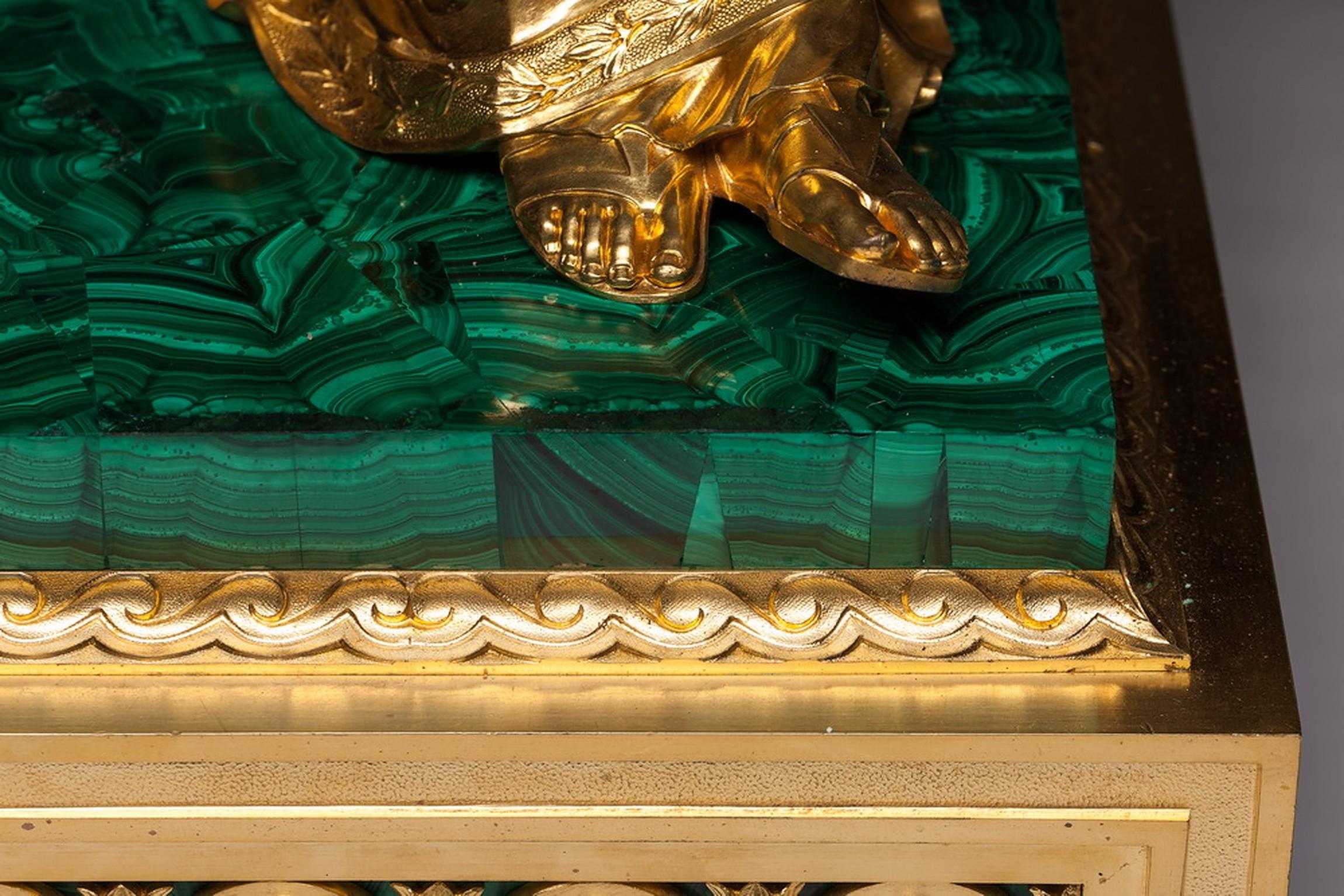 Bronze and Malachite Figural Large Clock by Jean François Denière, 1774-1866 For Sale 1