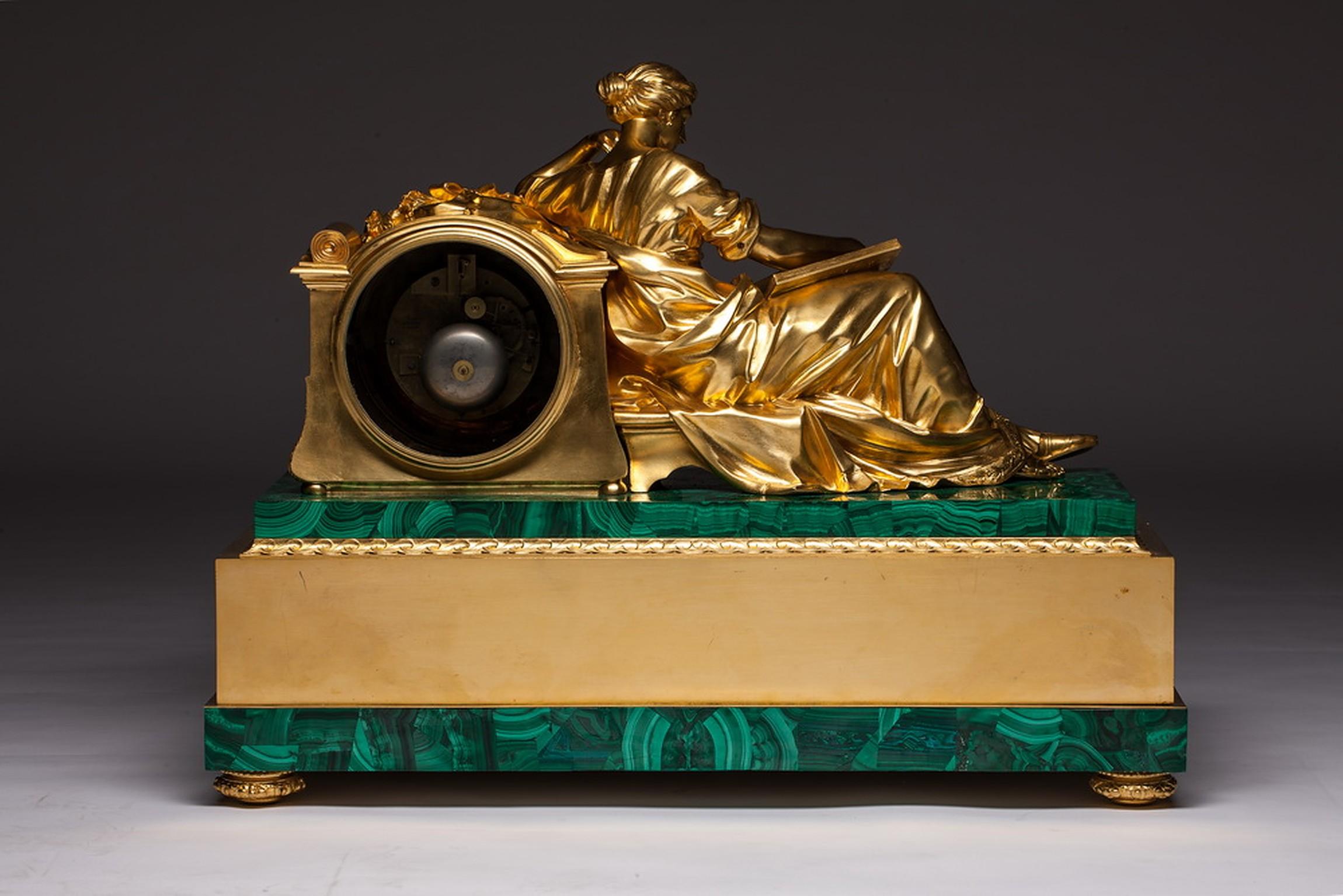 Bronze and Malachite Figural Large Clock by Jean François Denière, 1774-1866 For Sale 2