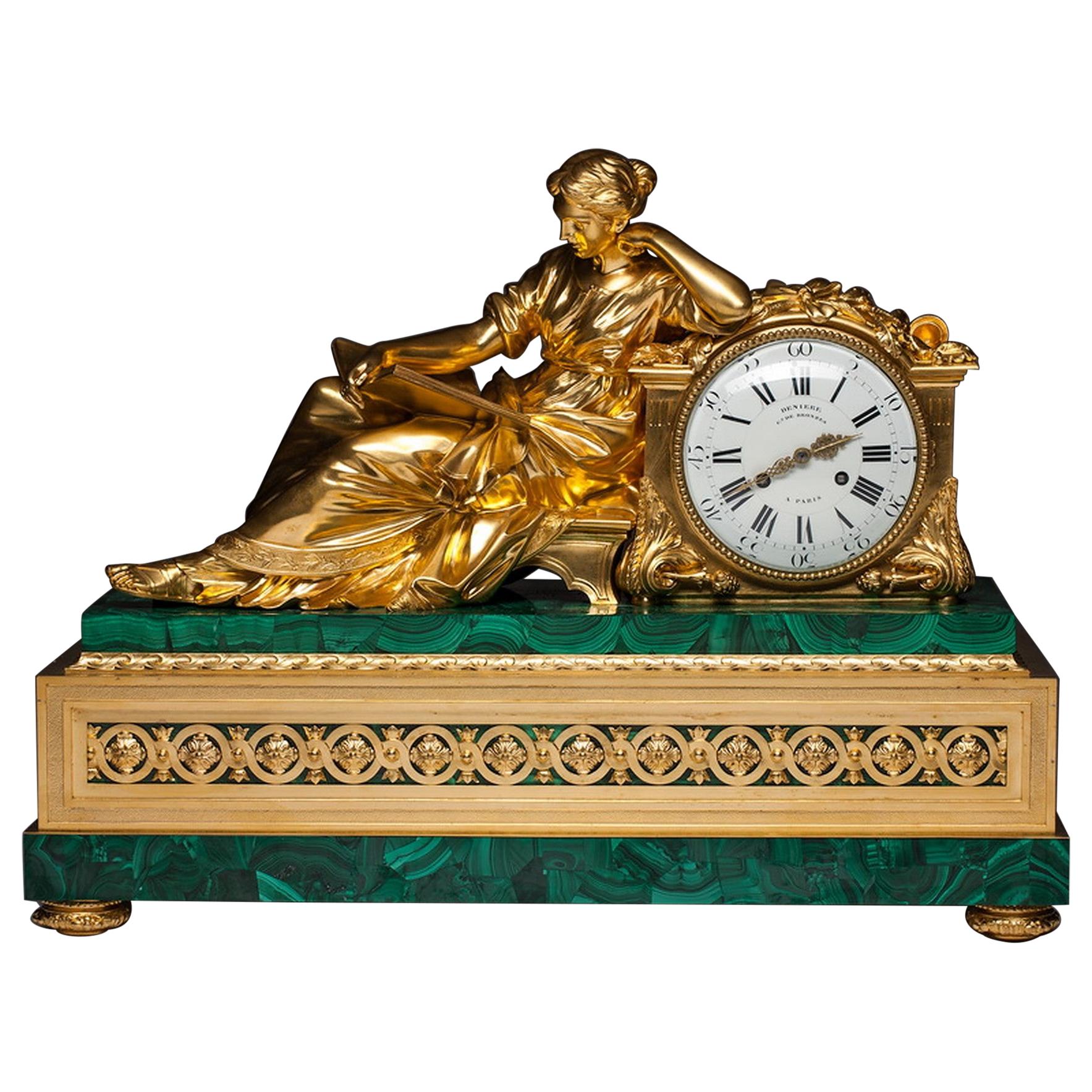 Bronze and Malachite Figural Large Clock by Jean François Denière, 1774-1866 For Sale