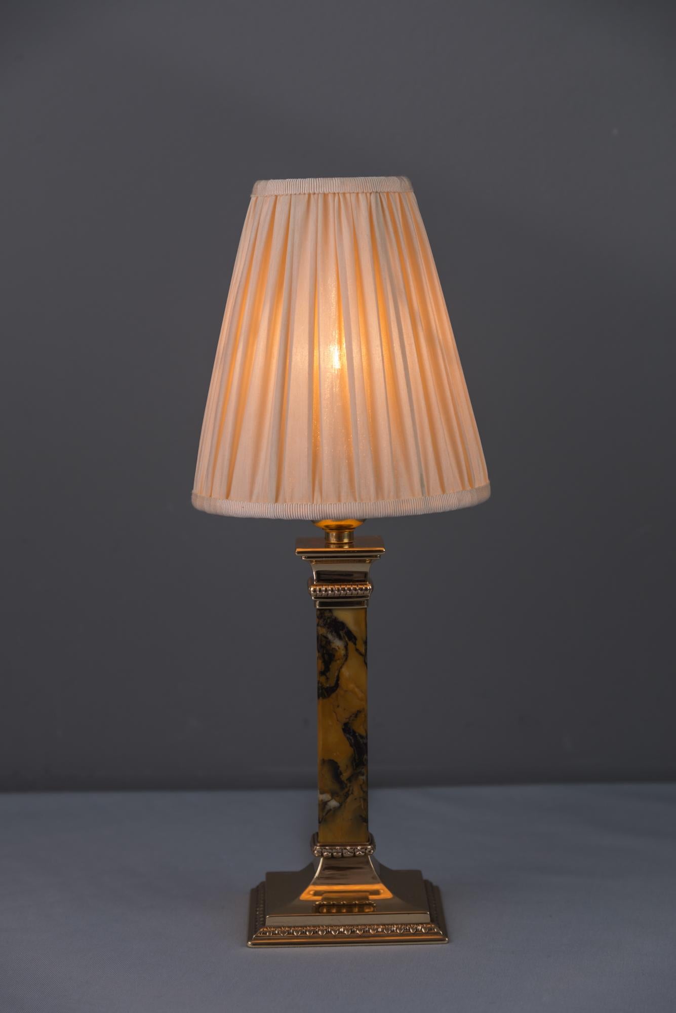 Bronze and Marble Art Deco Table Lamp with Fabric Shade, circa 1920s 2