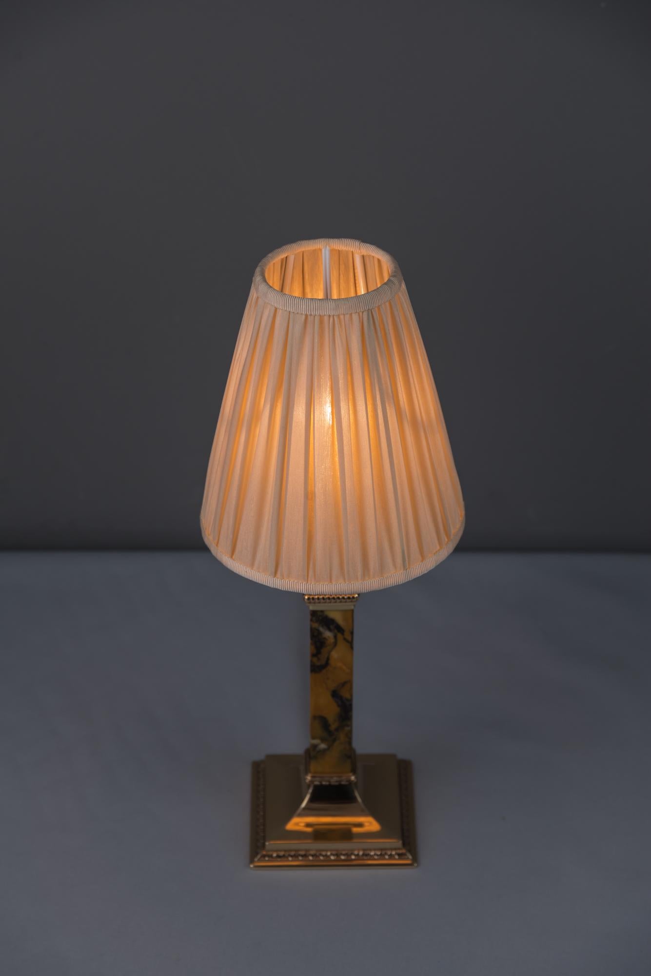 Bronze and Marble Art Deco Table Lamp with Fabric Shade, circa 1920s 3