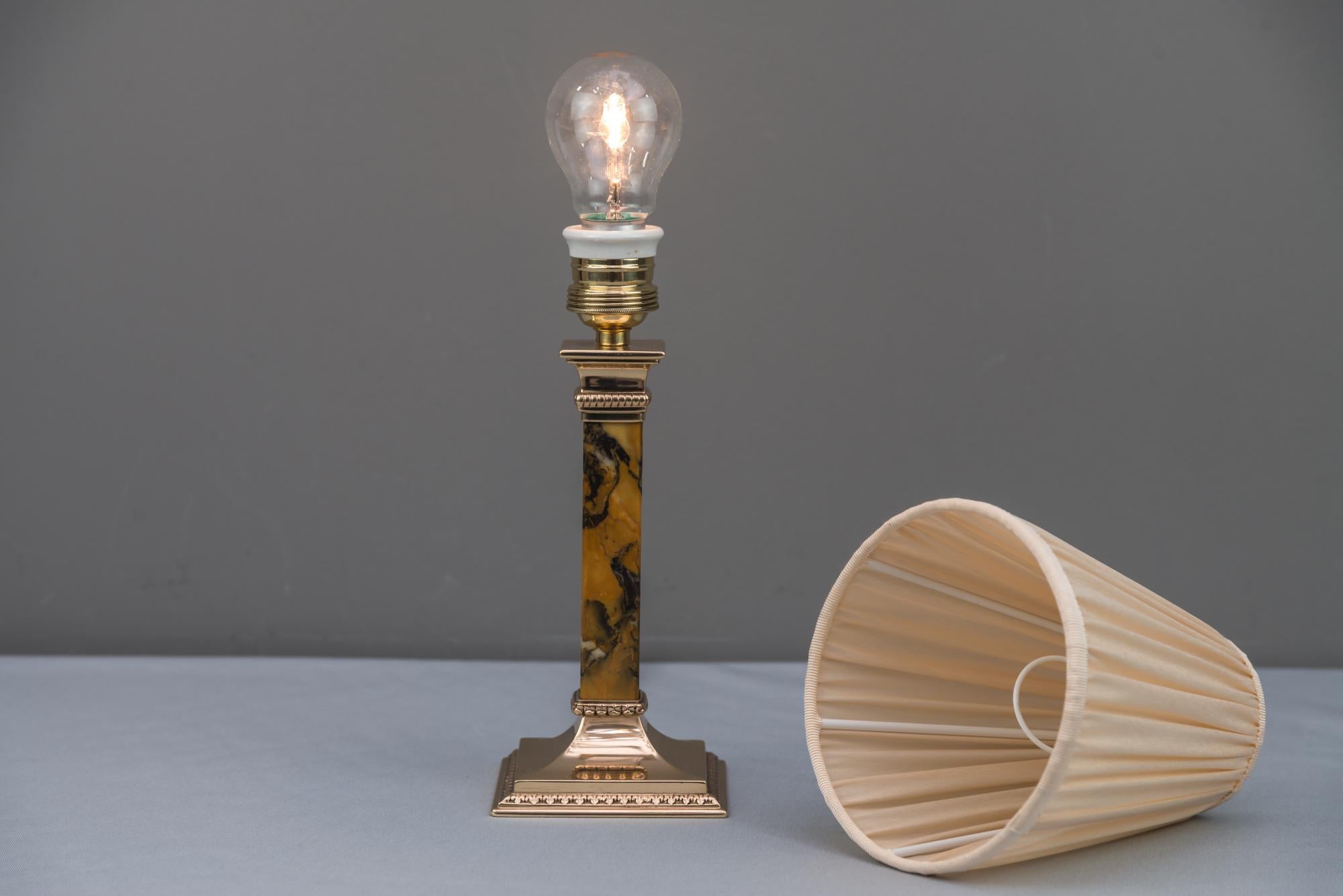 Bronze and Marble Art Deco Table Lamp with Fabric Shade, circa 1920s 4