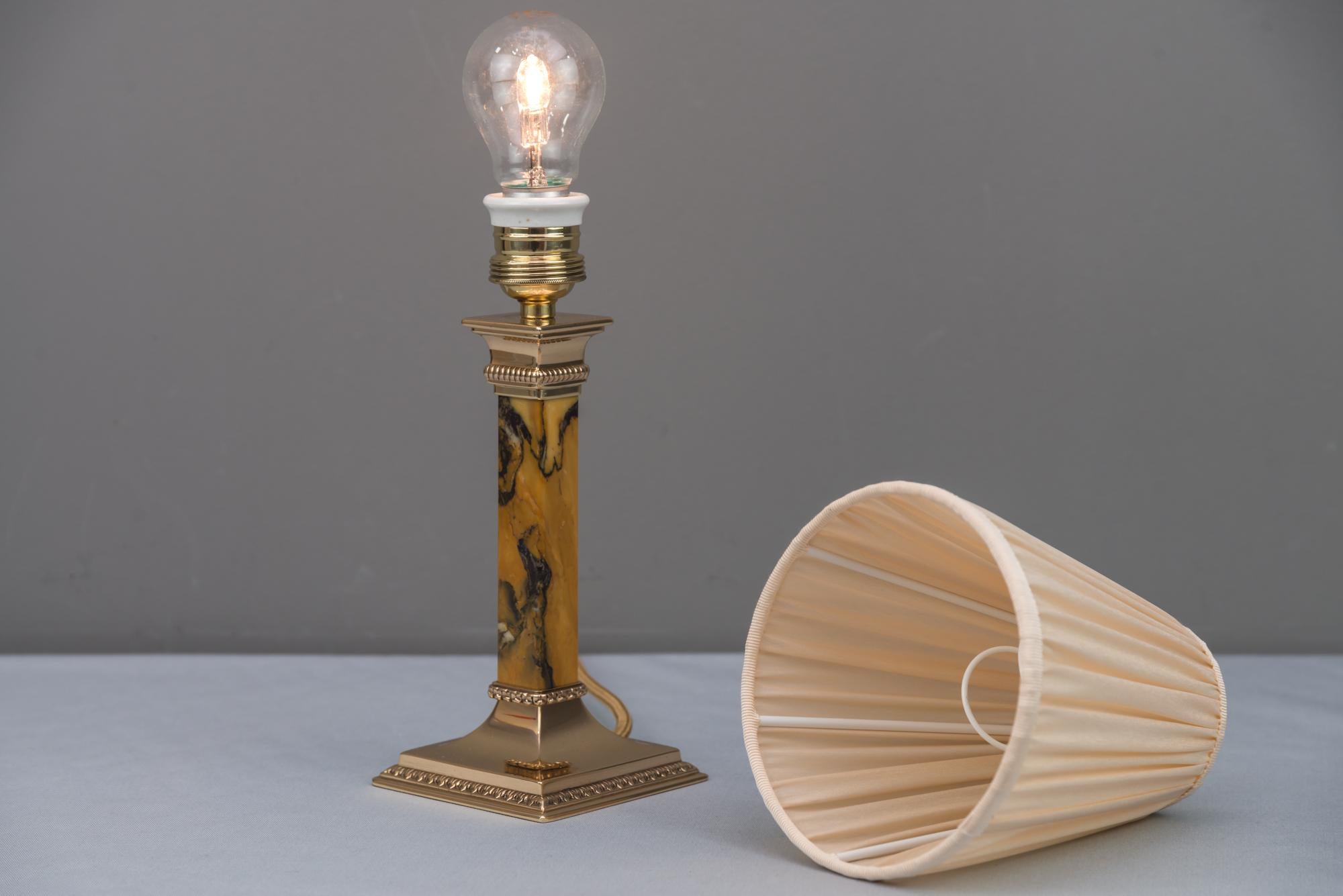 Bronze and Marble Art Deco Table Lamp with Fabric Shade, circa 1920s 5