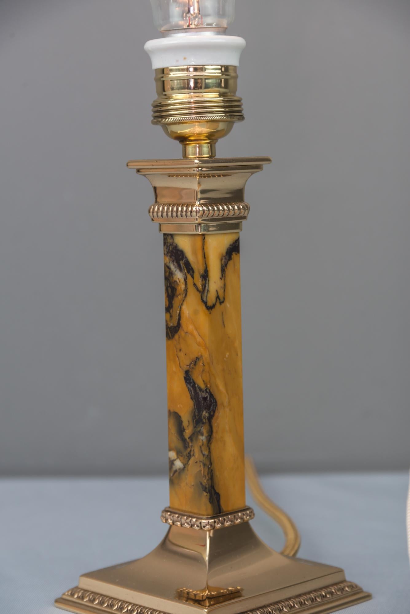 Bronze and Marble Art Deco Table Lamp with Fabric Shade, circa 1920s 6