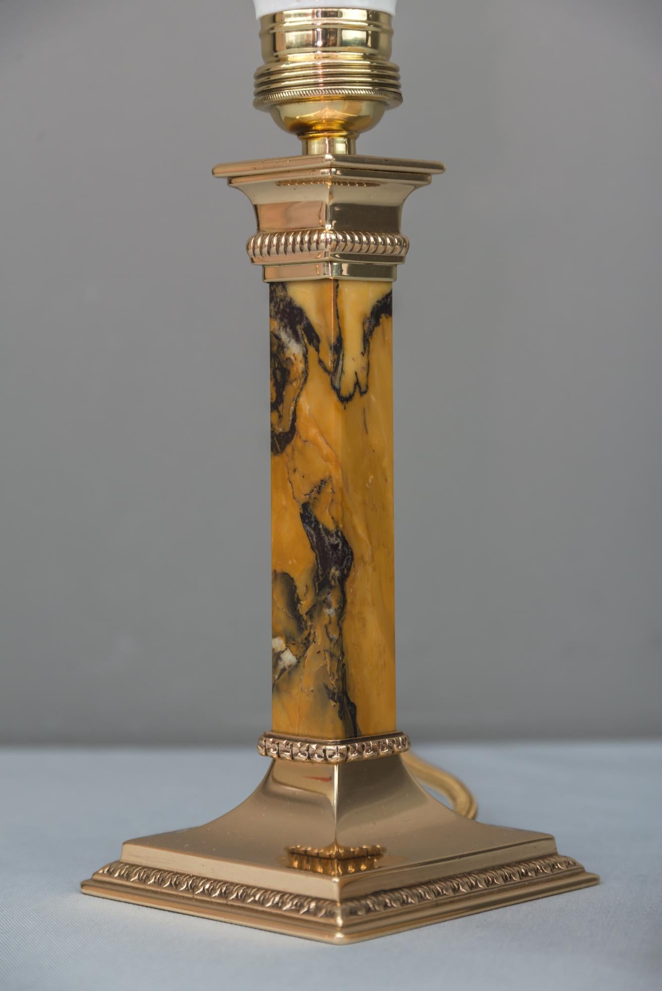 Bronze and Marble Art Deco Table Lamp with Fabric Shade, circa 1920s 7