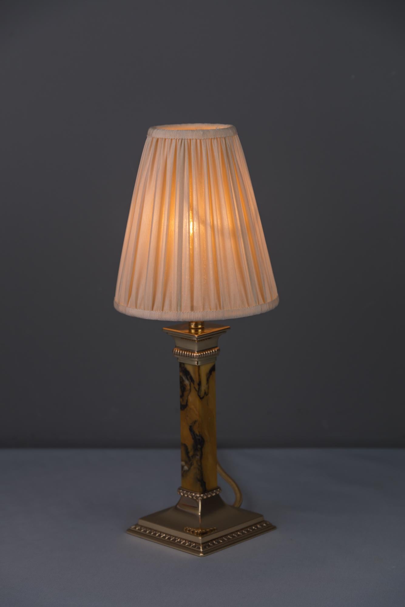 Early 20th Century Bronze and Marble Art Deco Table Lamp with Fabric Shade, circa 1920s