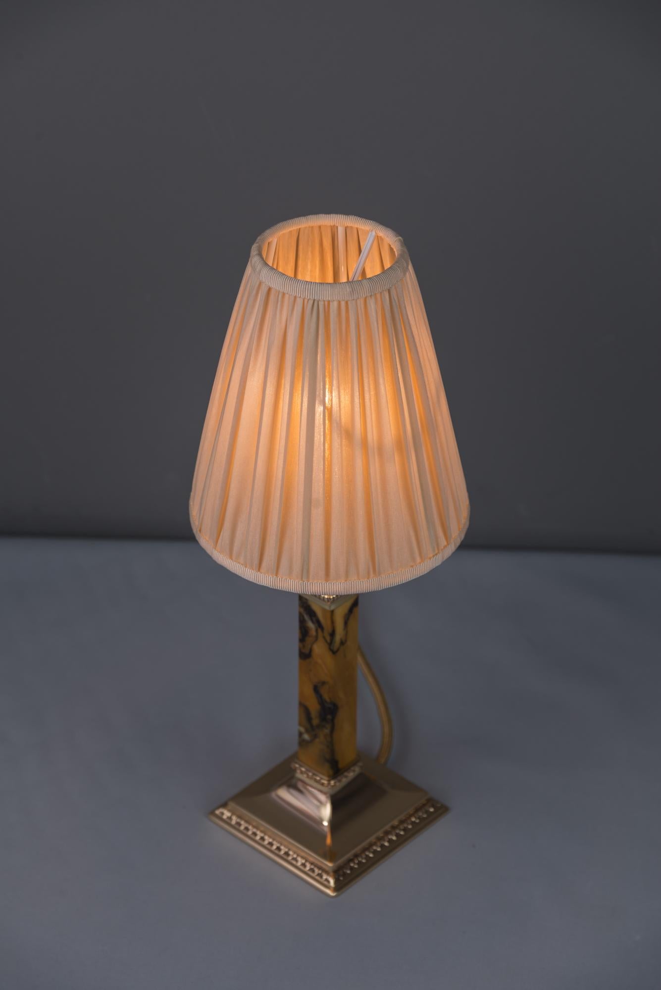 Bronze and Marble Art Deco Table Lamp with Fabric Shade, circa 1920s 1