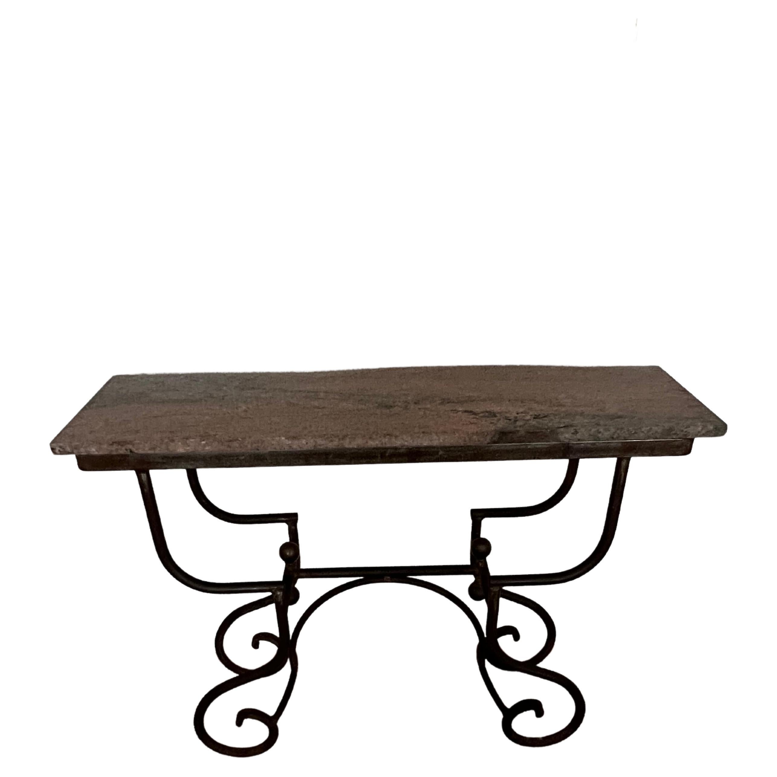 Dessert or Baker's Table with a removable marble top and wrought iron base with Brass finials - all heavily patinated. The marble currently on the piece is actually a piece with a beautifully broken edge which sits atop the current opening for a