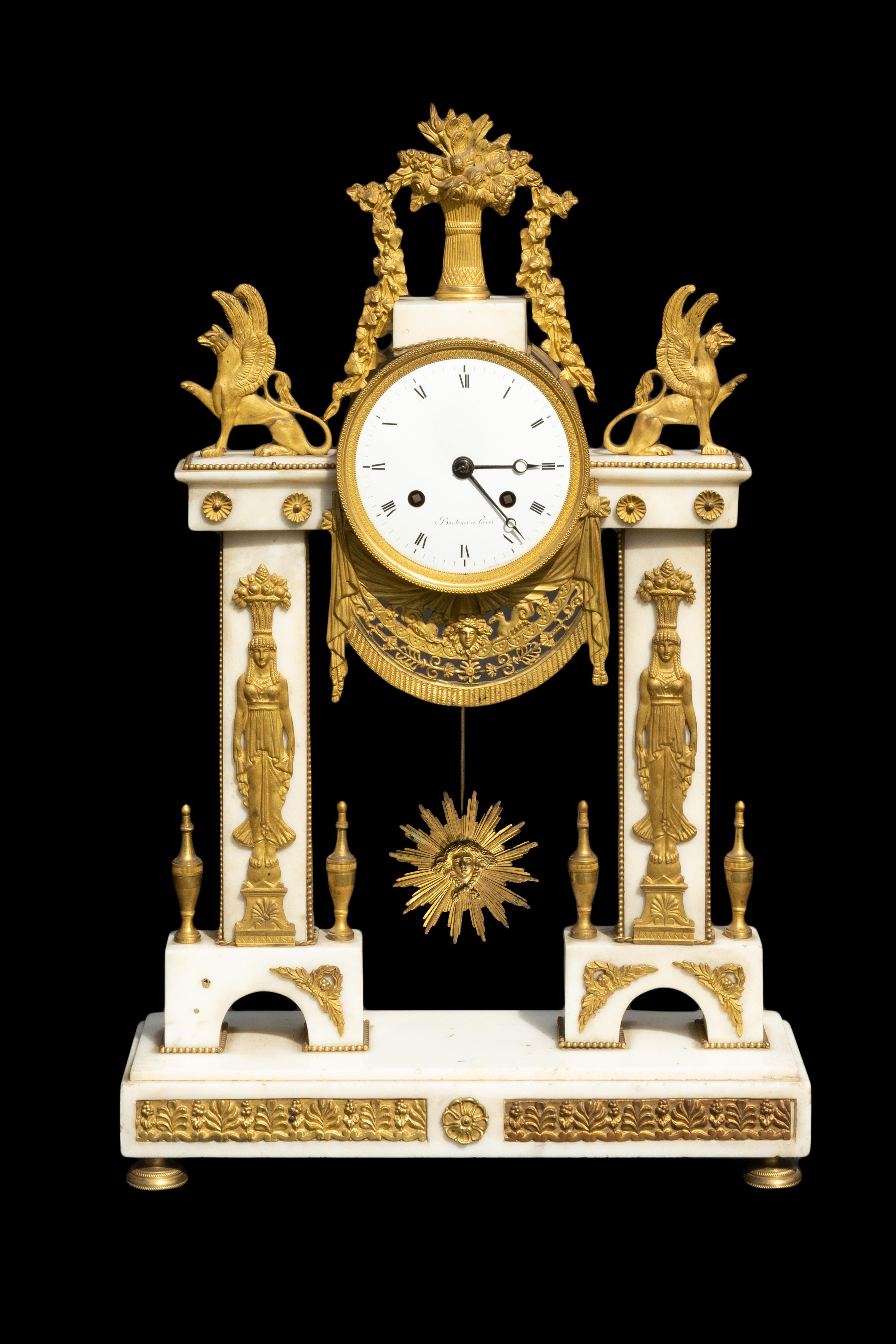 Bronze and marble mantel clock from 18th century signed De Bontems a Pairs:

Measures: 13.5