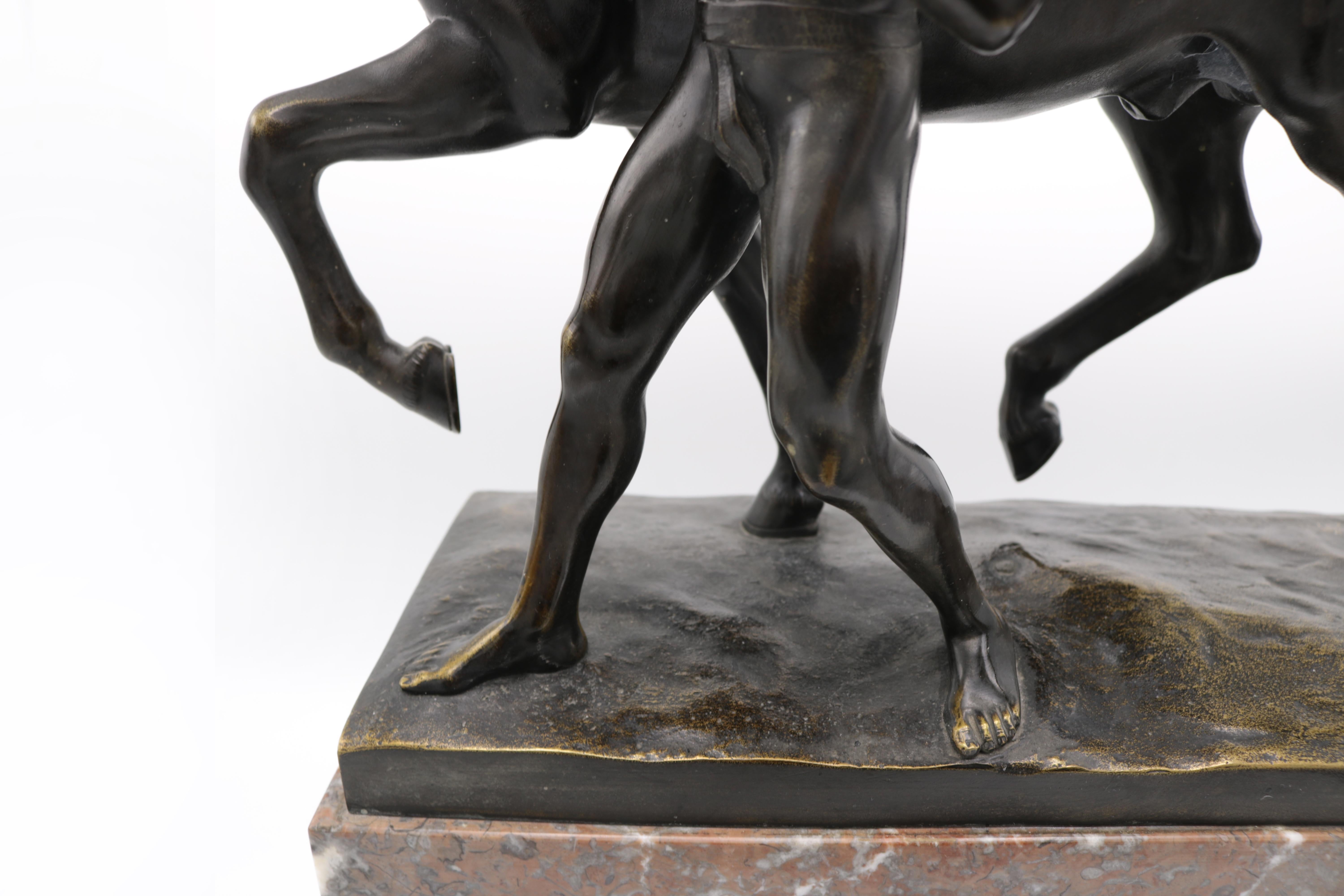Bronze and Marble Sculpture of a Man Pulling the Reigns of a Horse In Good Condition In New York, NY