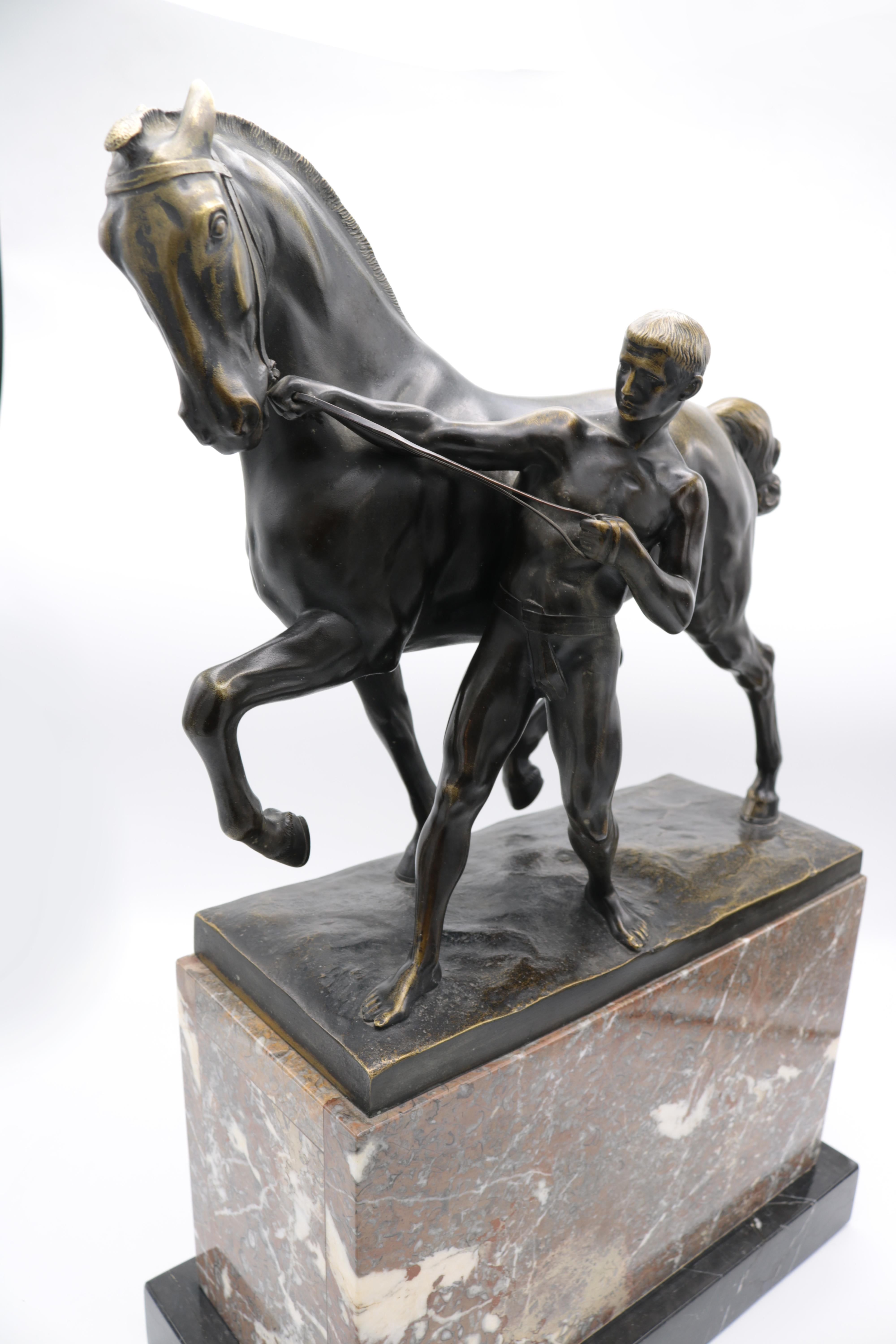 Bronze and Marble Sculpture of a Man Pulling the Reigns of a Horse 2