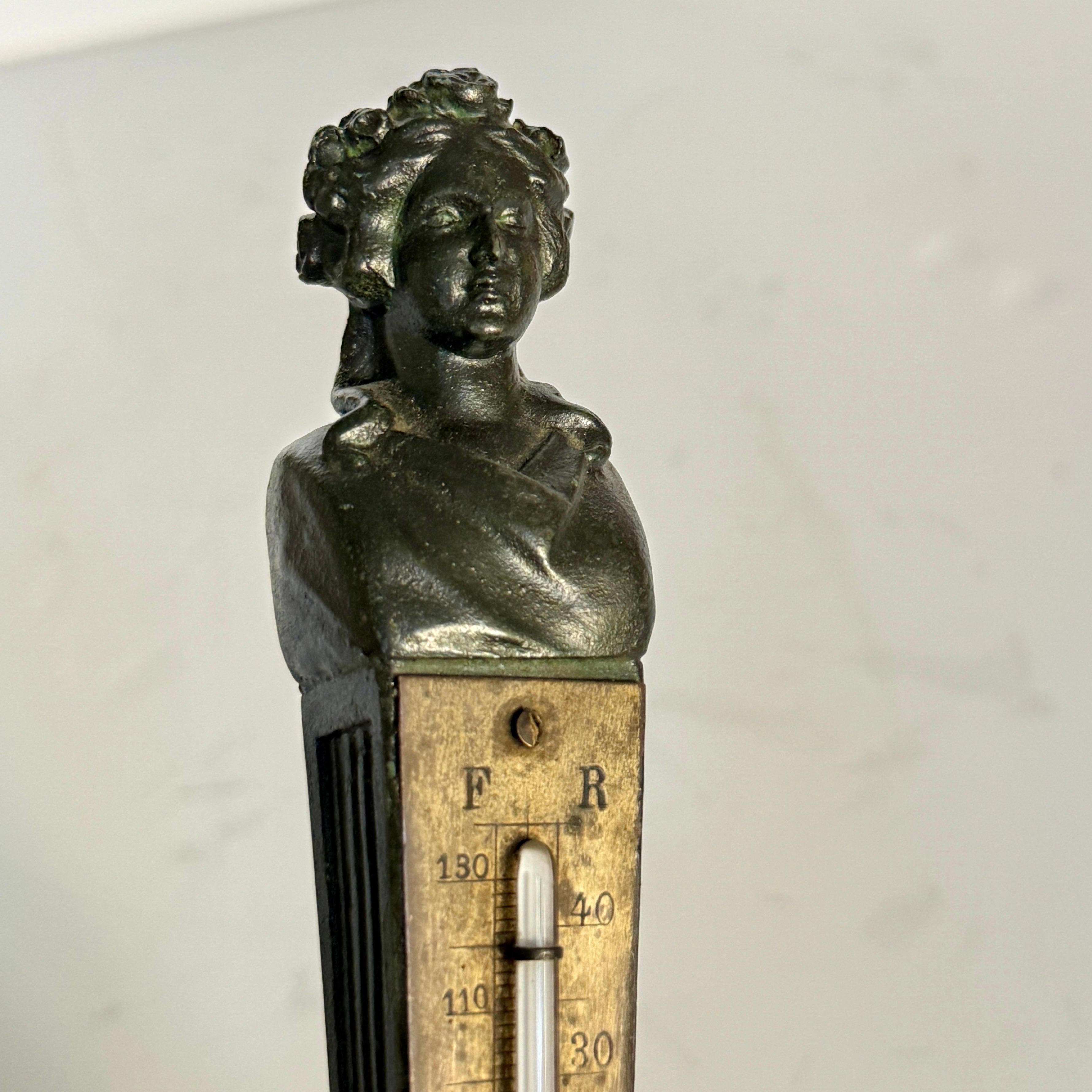 Art Nouveau Bronze and Marble Sculpture With Bust Desk Thermometer For Sale