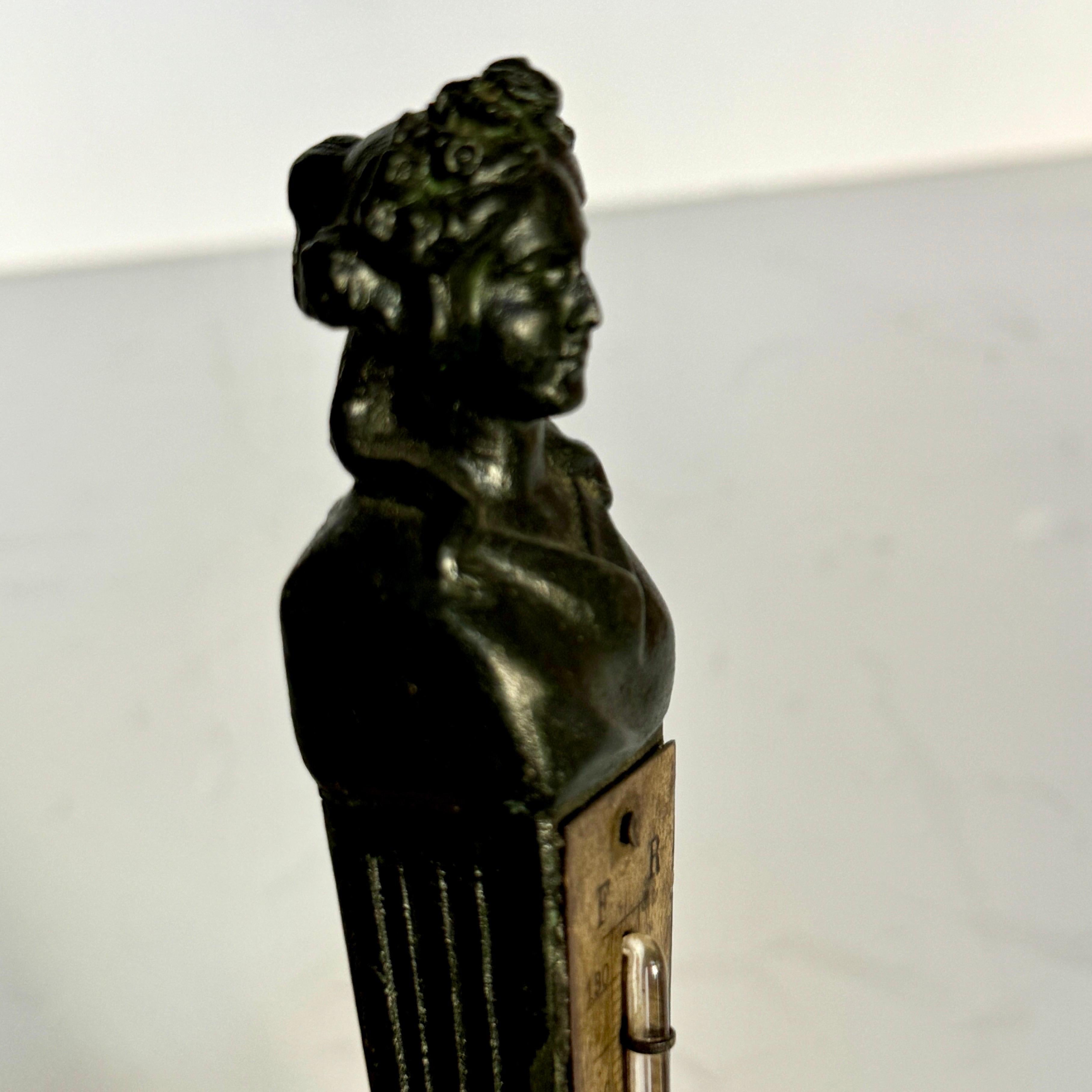 French Bronze and Marble Sculpture With Bust Desk Thermometer For Sale