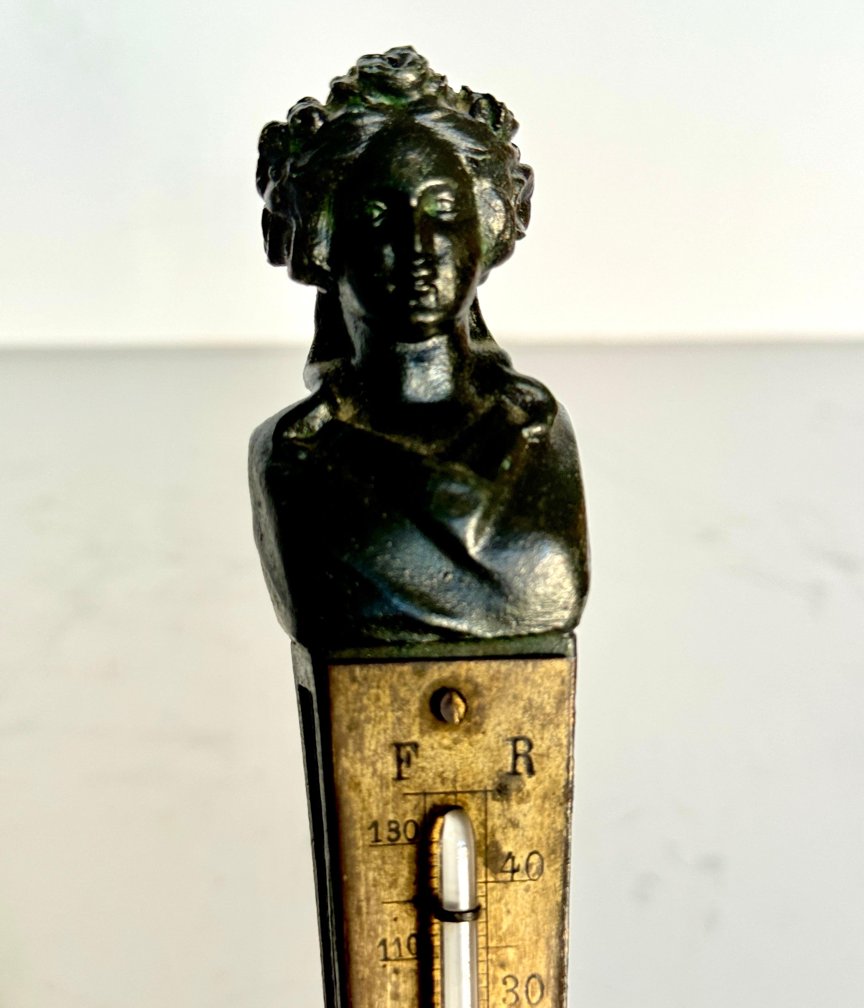 Hand-Crafted Bronze and Marble Sculpture With Bust Desk Thermometer For Sale