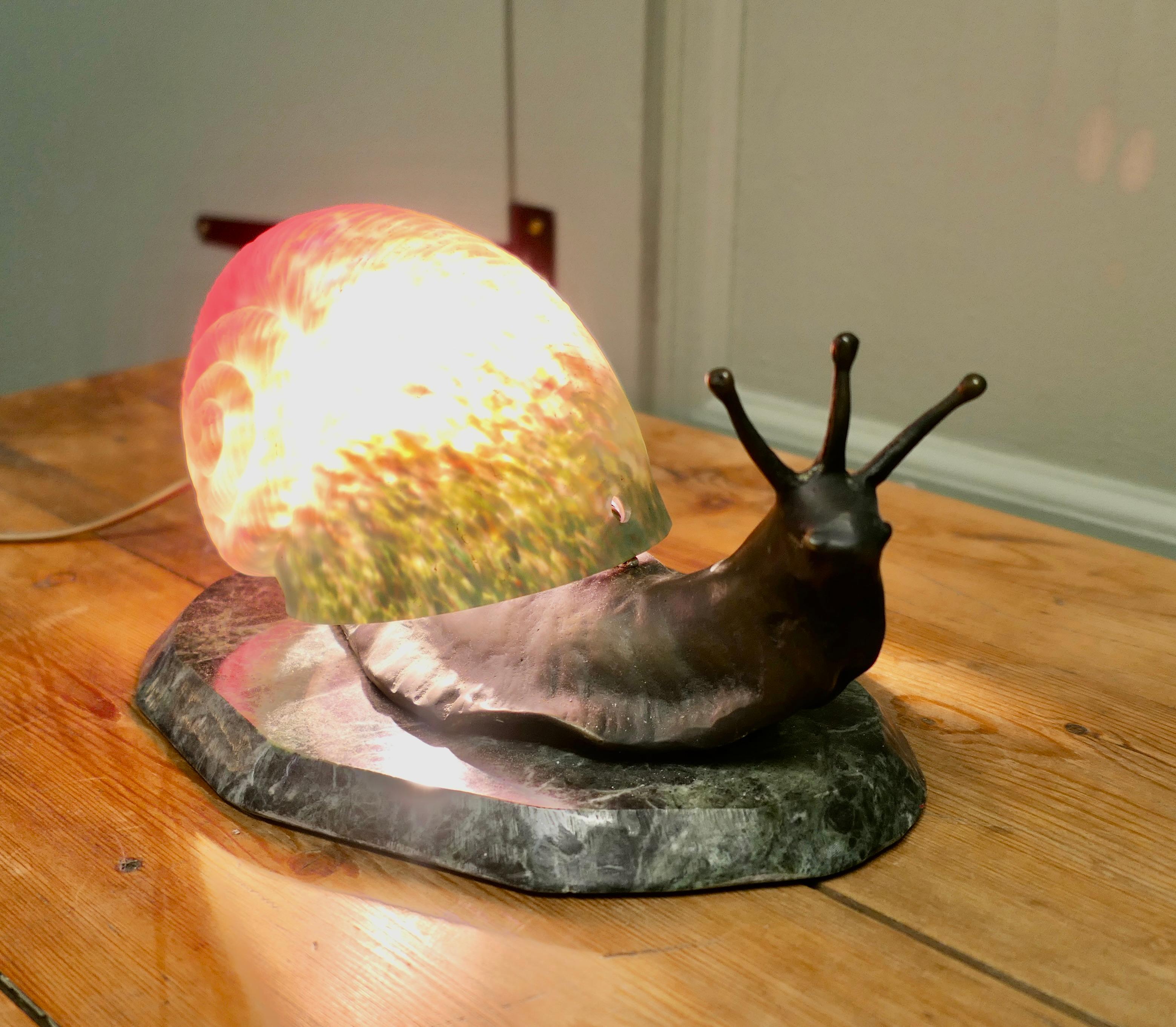 Mid-20th Century Bronze and Marble Table Lamp in the Shape of a Snail For Sale