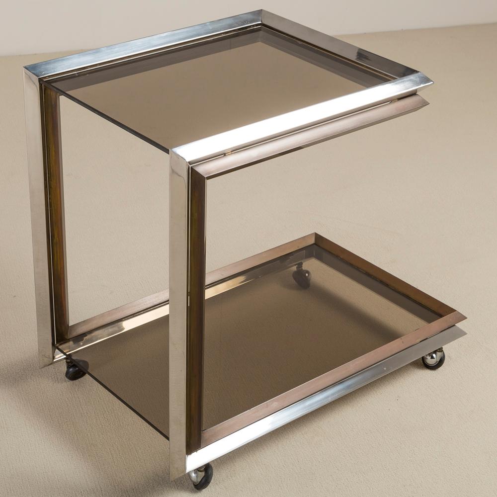 Mid-Century Modern Bronze and Nickel Bar Cart with Smoked Glass, Late 1970s For Sale