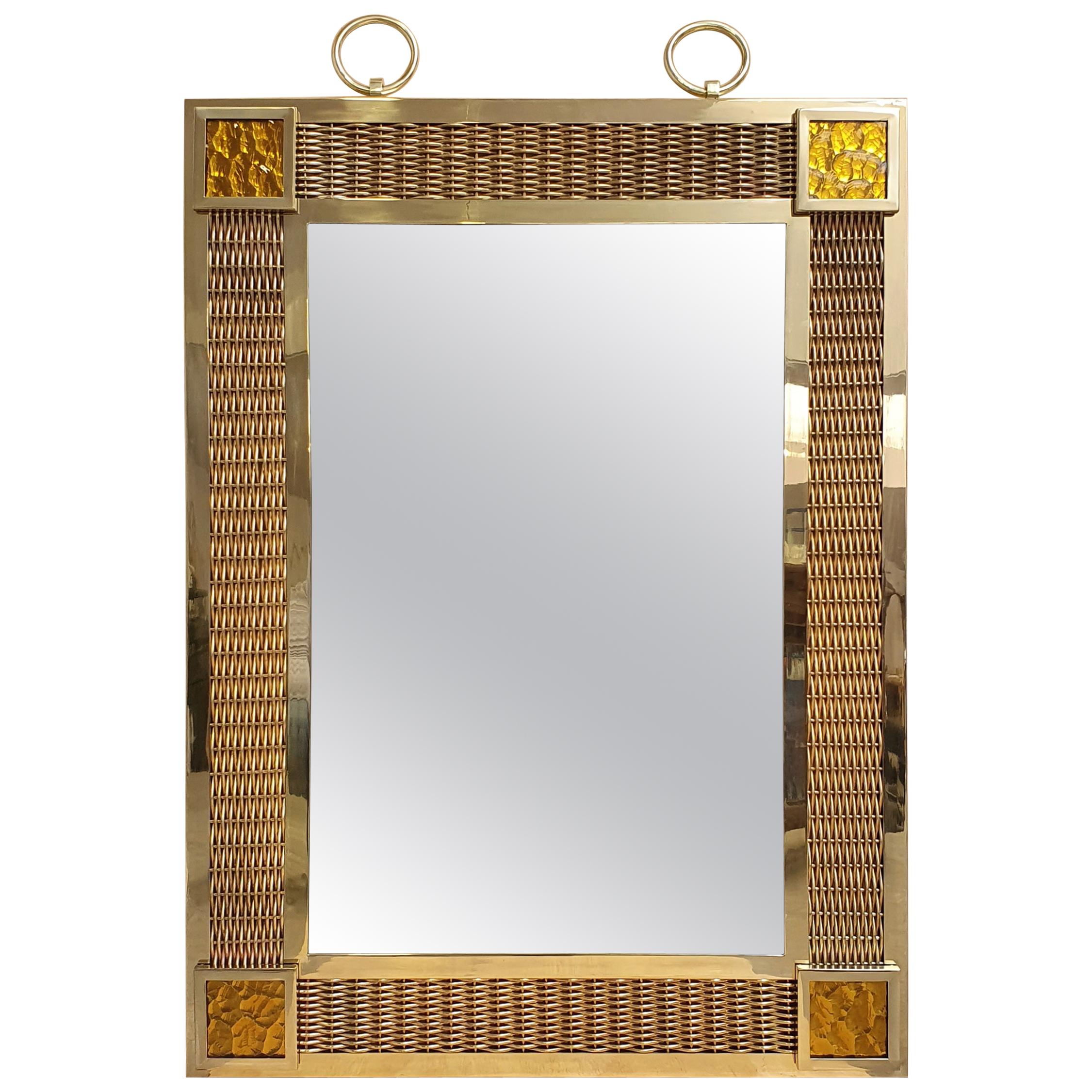 Specchio in bronzo intrecciato in ottone e Pâte de Verre in vendita